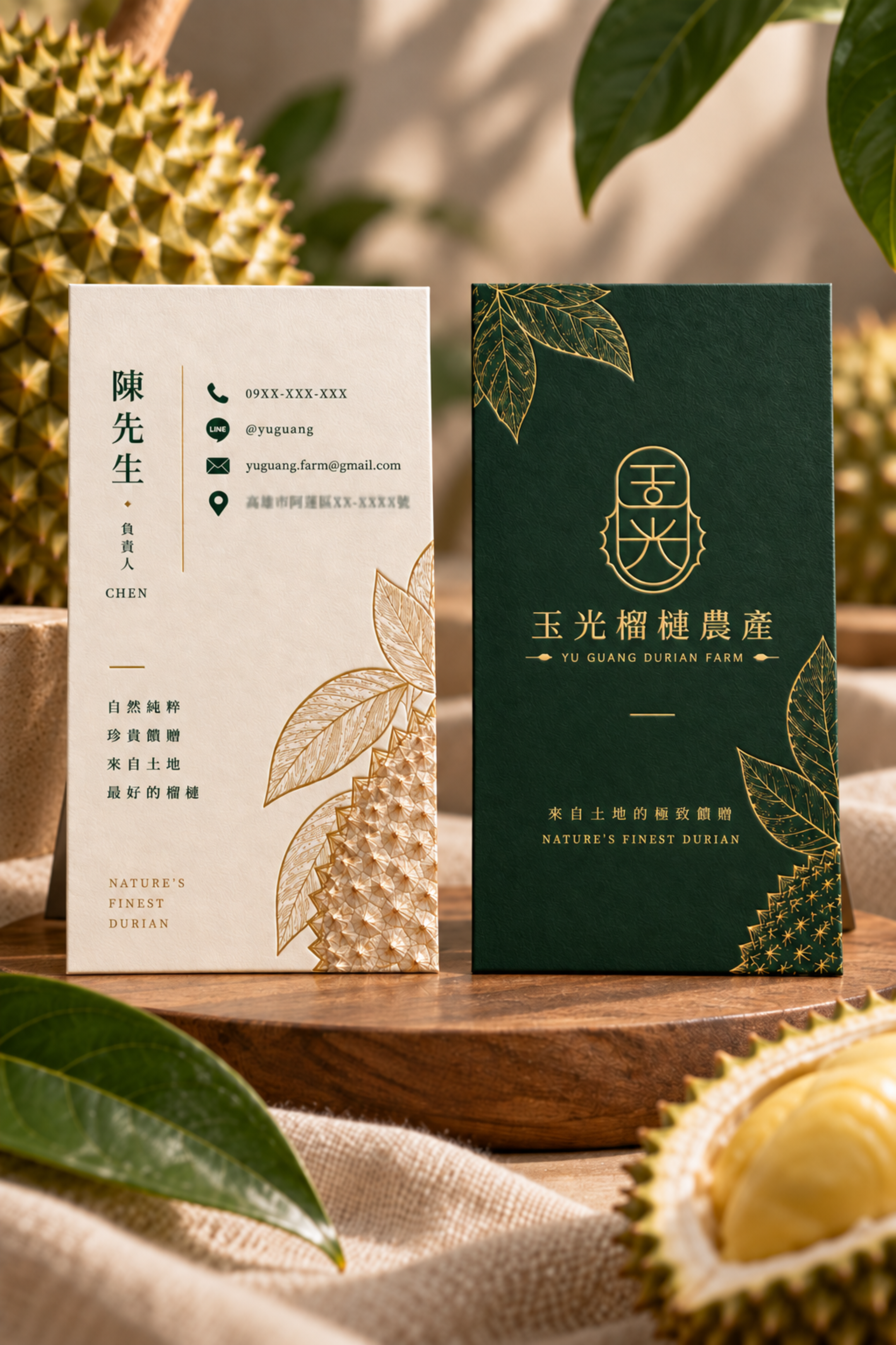 這款 LOGO 以「玉光」兩字作為核心結構，外型結合榴槤輪廓與農產意象，讓品牌名稱和產品特色直接連結。整體用俐落線條呈現，搭配深綠色傳達自然、產地與安心感，也保留一點傳統農產的質感，但視覺上更現代、更