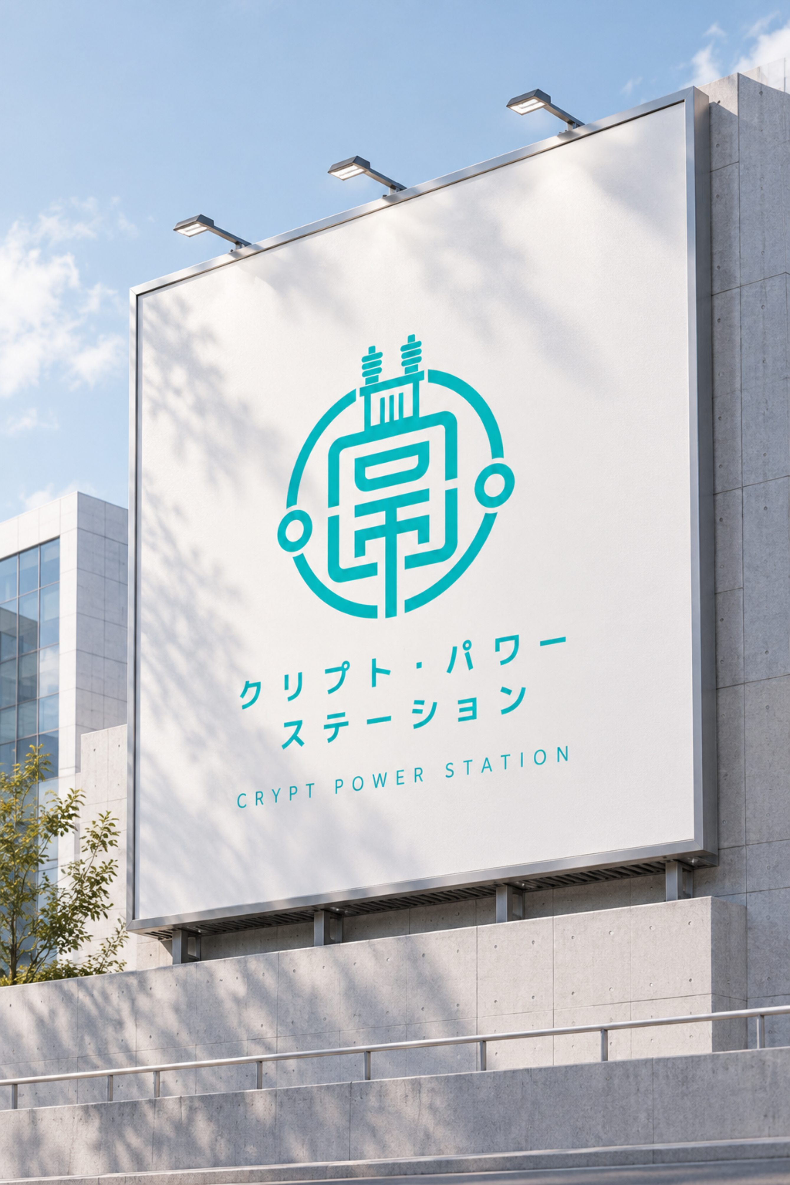 標誌將加密貨幣、電力設備與區塊鏈網路融合為幾何符號。