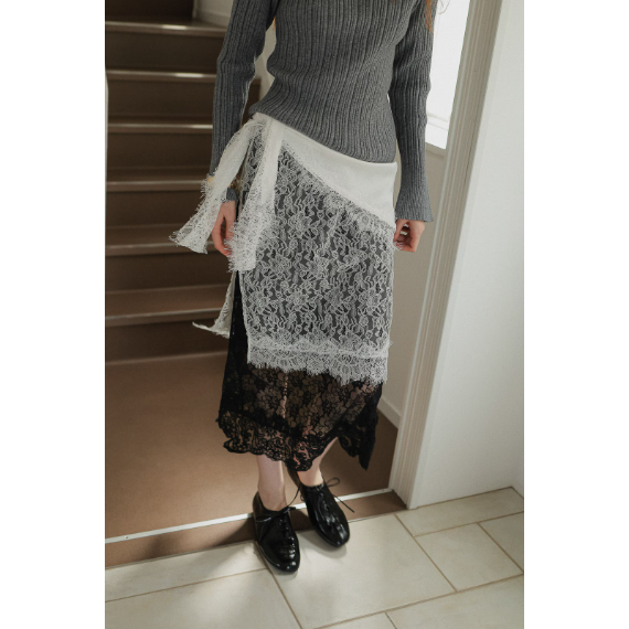 【 tento 】Lace Layered Skirt｜緞面蕾絲拼接長裙