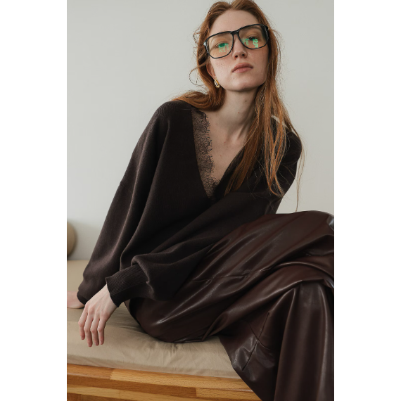 【 tento 】Lace-Trim V-Neck Knit Sweater｜蕾絲V領針織毛衣