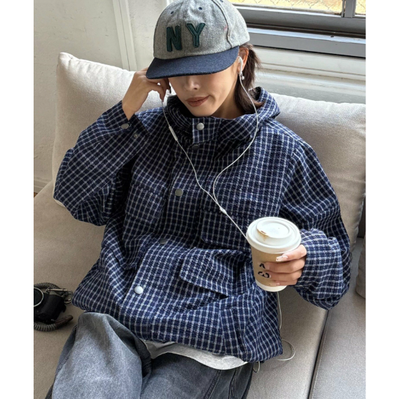 【UNISEX】格紋連帽襯衫外套