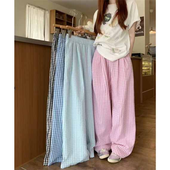 高腰薄手格紋寬褲