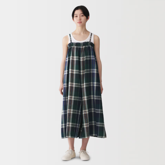 【 日本MUJI 】Madras Check 格紋吊帶褲