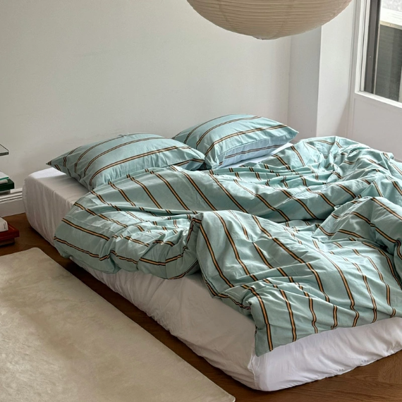 【 ART OF BLACK 】薄荷橘交織．質感粗細條紋床包被套組