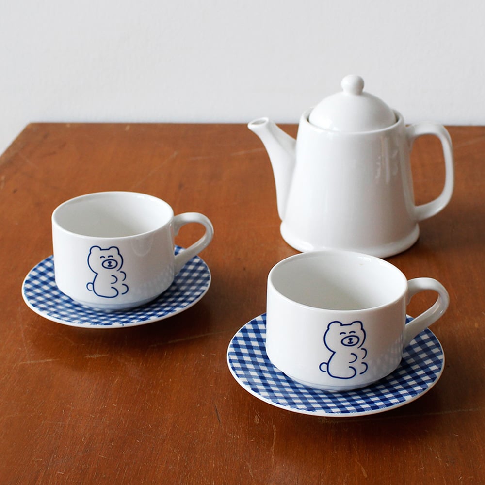韓國 ooh la la 1537 ｜藍色格紋熊熊咖啡杯 set
