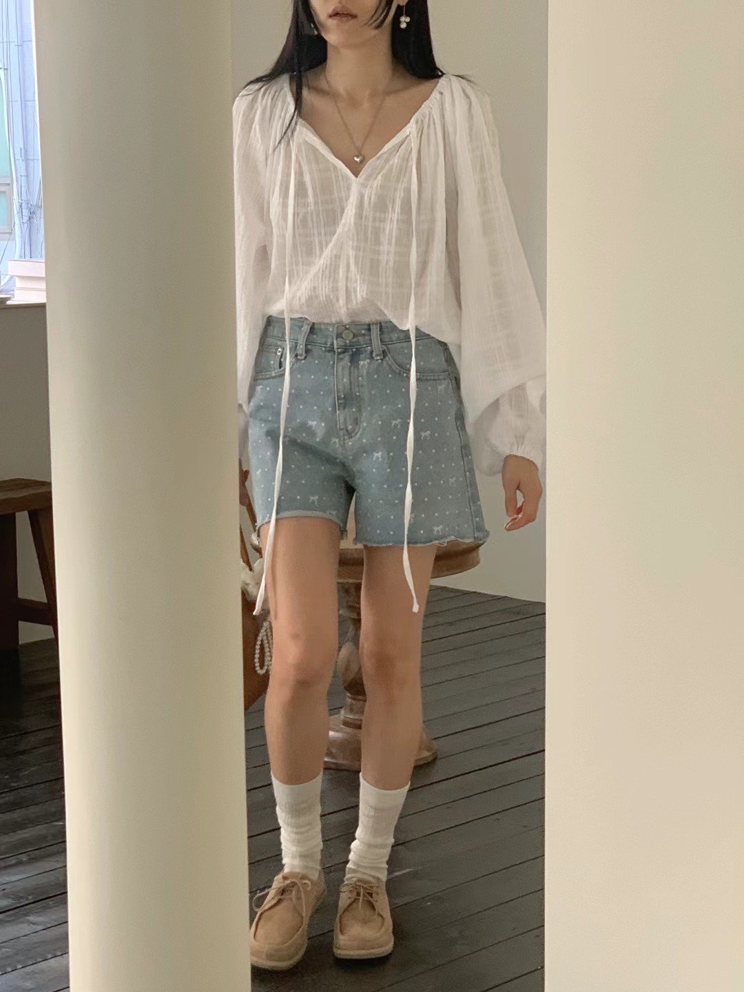 A11 不修邊蝴蝶結牛仔短褲S/M/L