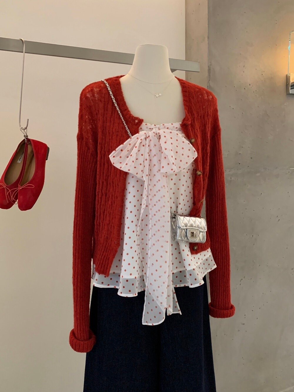 Gz86 點點蝴蝶結抹胸上衣+針織外