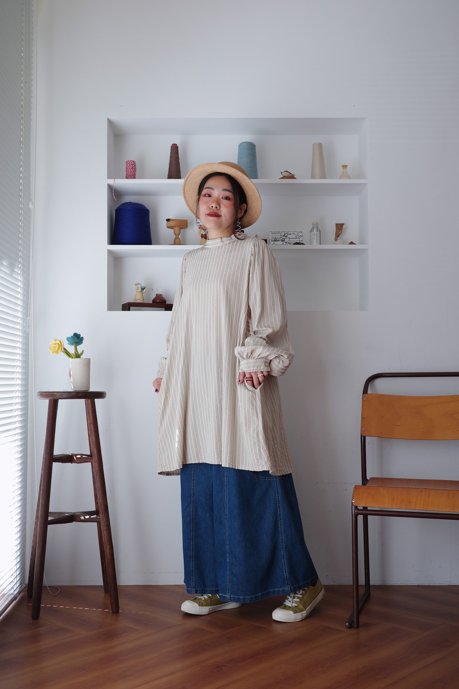 𓏭份量感優雅抓摺袖直紋緹花上衣