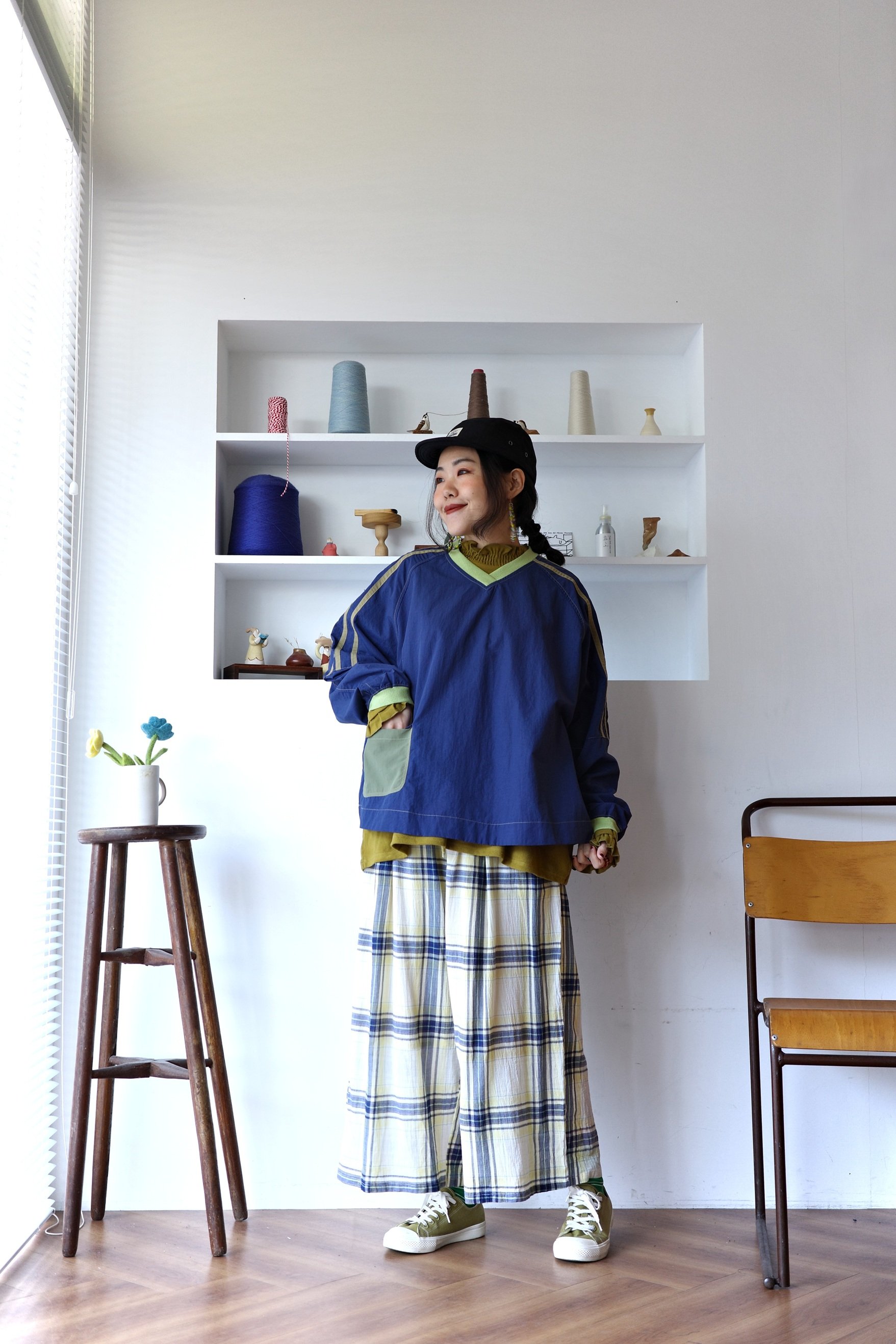 𓏭口袋虛線小麵包刺繡舒服格紋褲