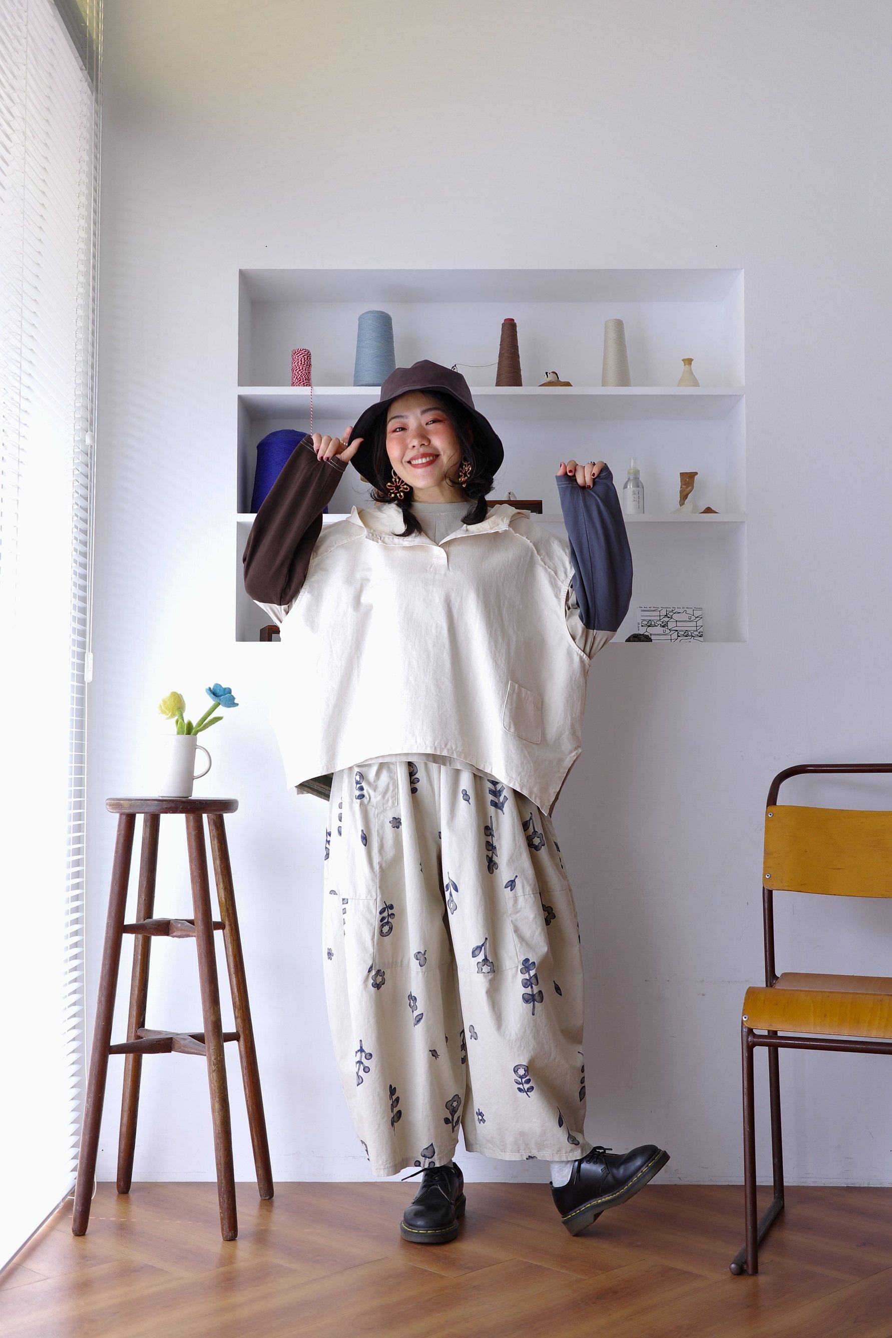 𓏭不對稱口袋拼接花柄氣球褲