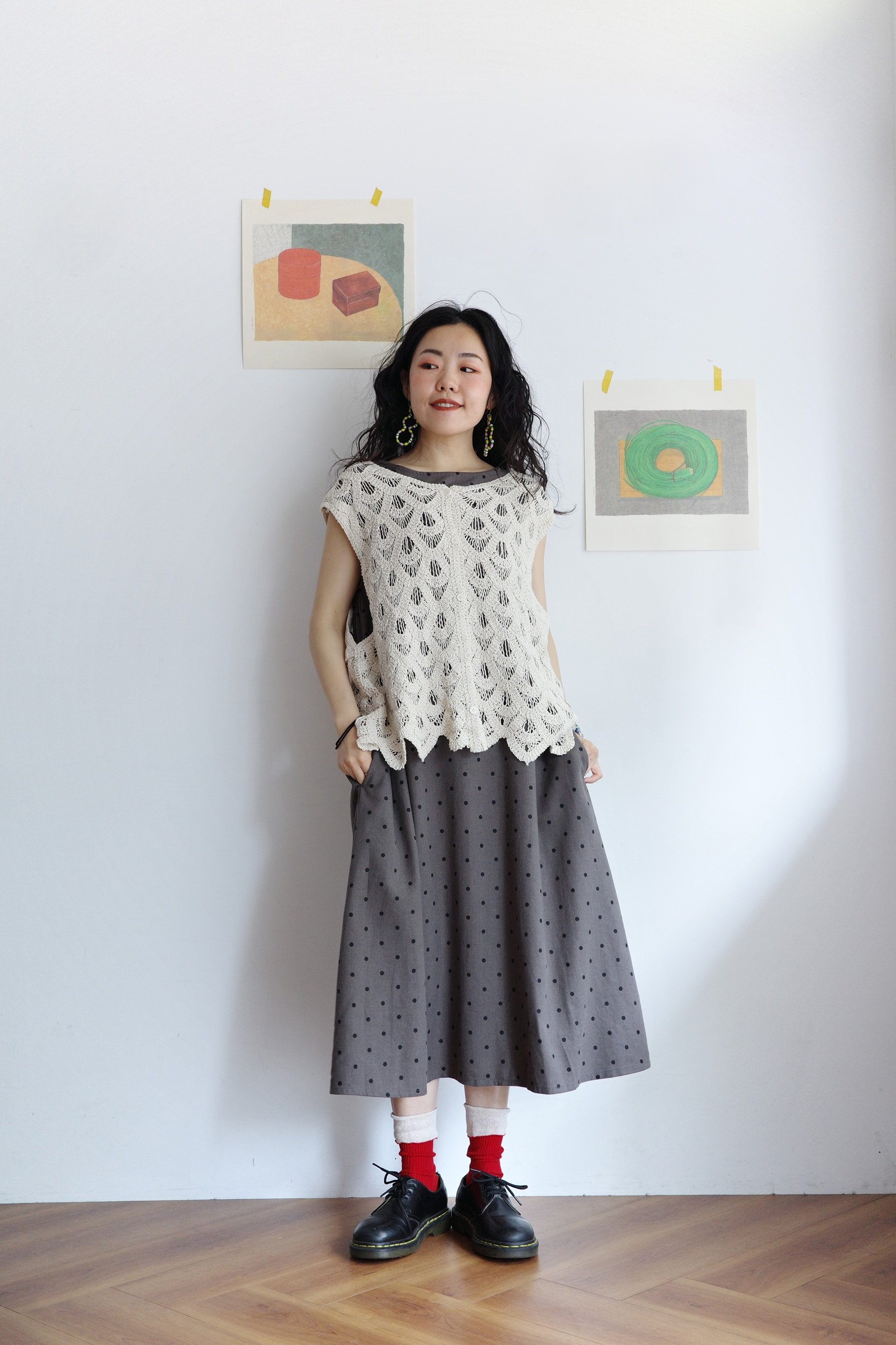 前後兩面穿水玉法式袖Ａ字洋裝