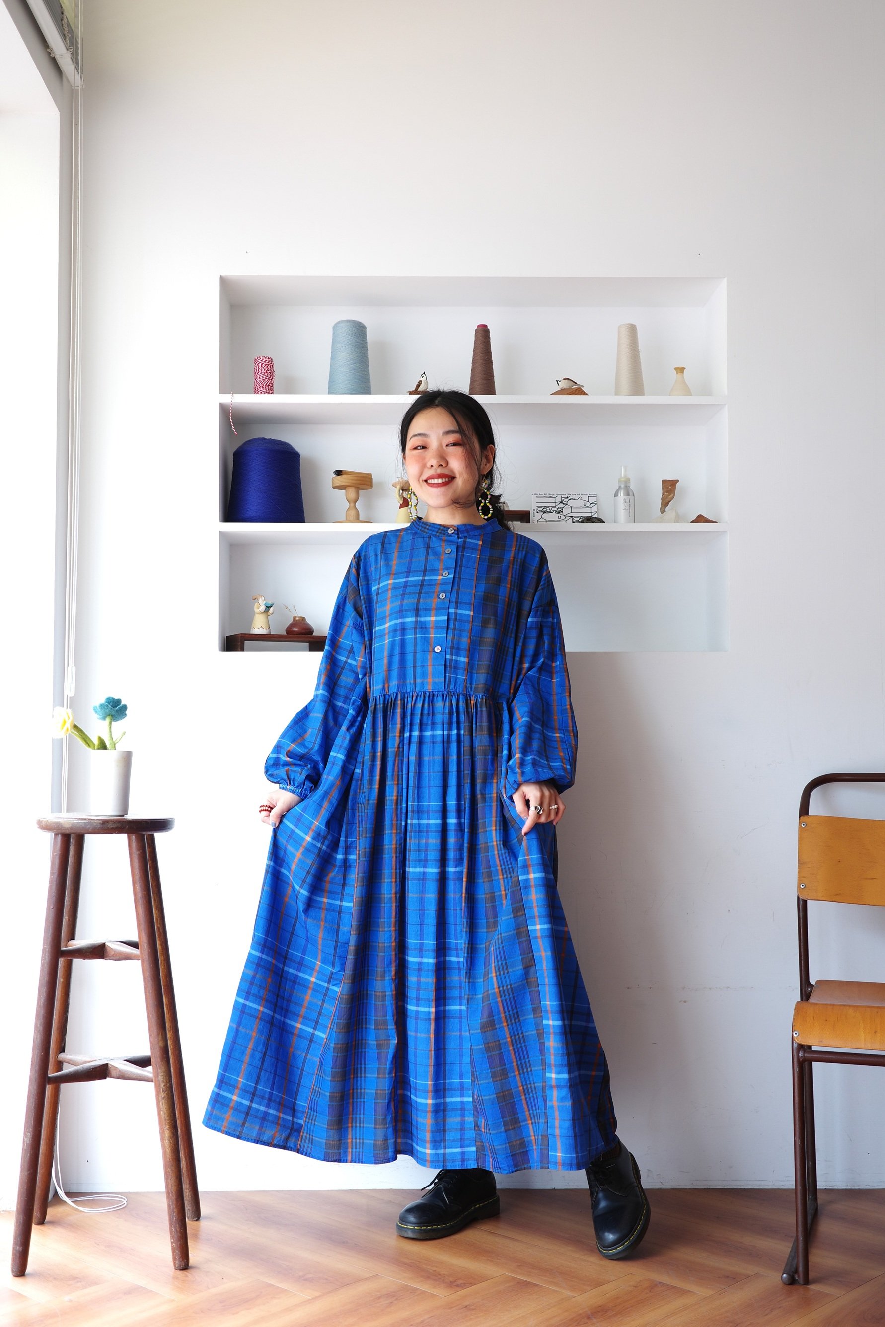 𓏭跳色格紋腰線抓摺洋裝