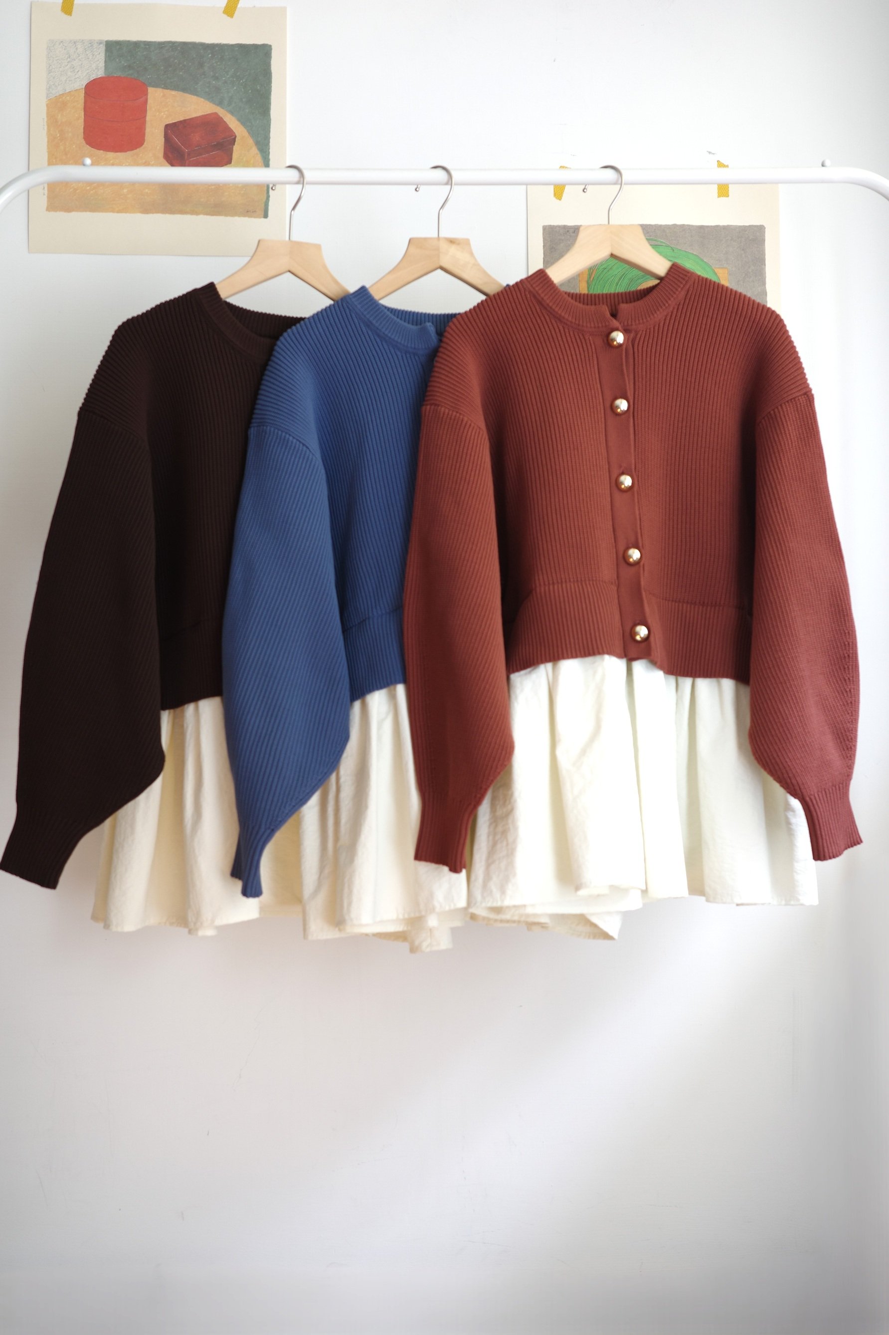 𓏭拼接下擺澎袖針織外罩上衣