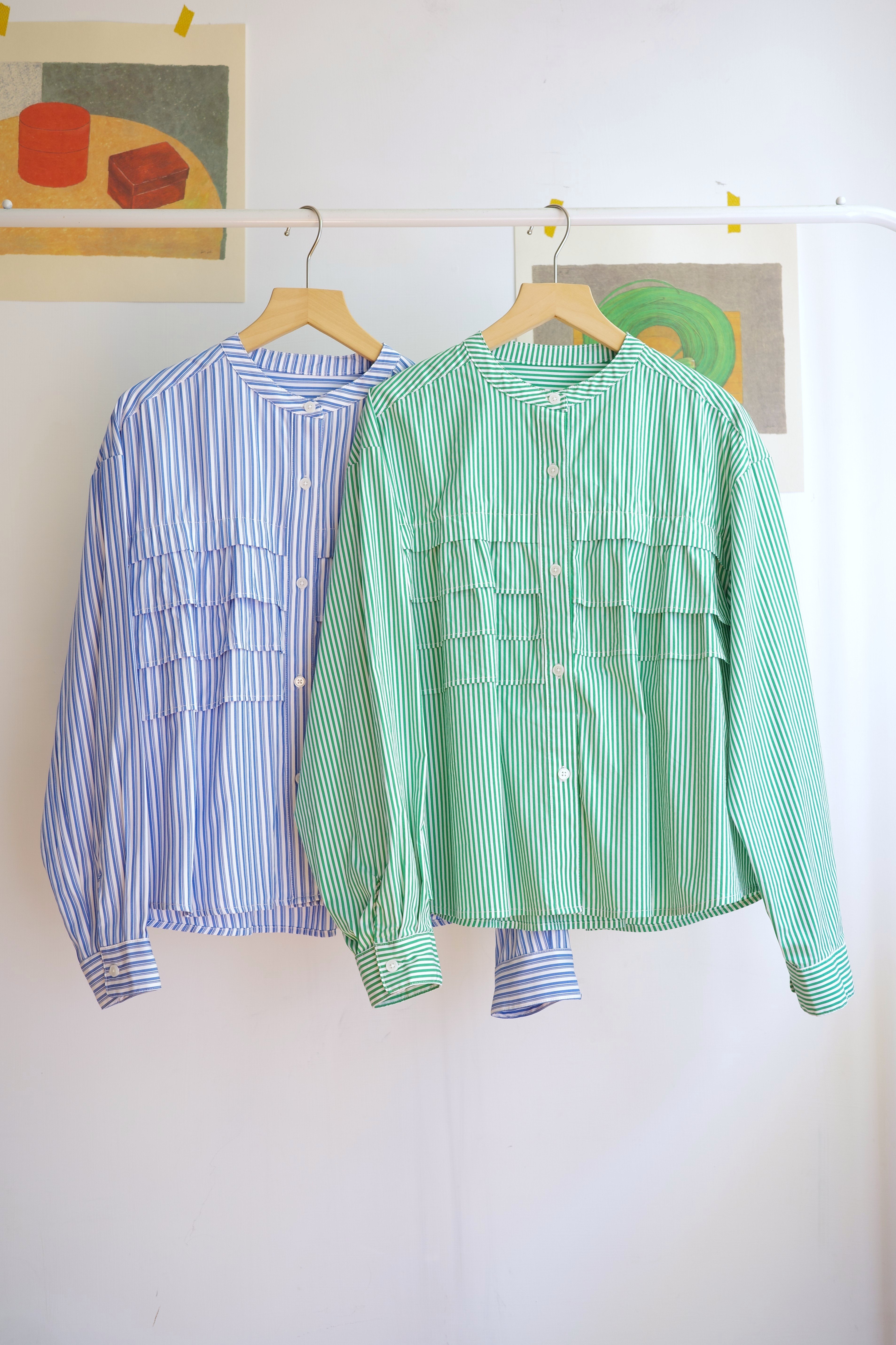 𓏭層次荷葉拼接無領襯衫