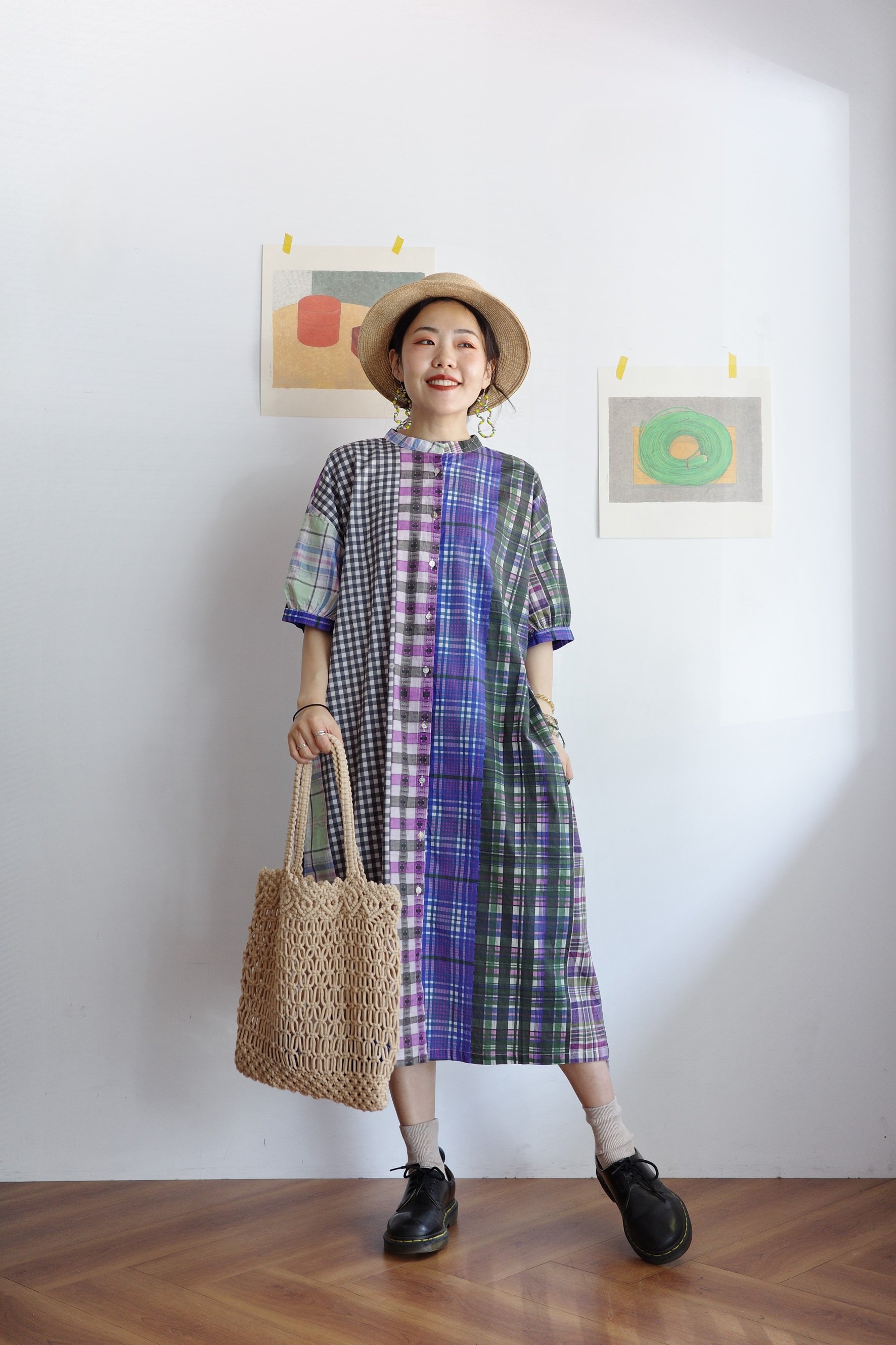 格紋拼布印花開襟洋裝