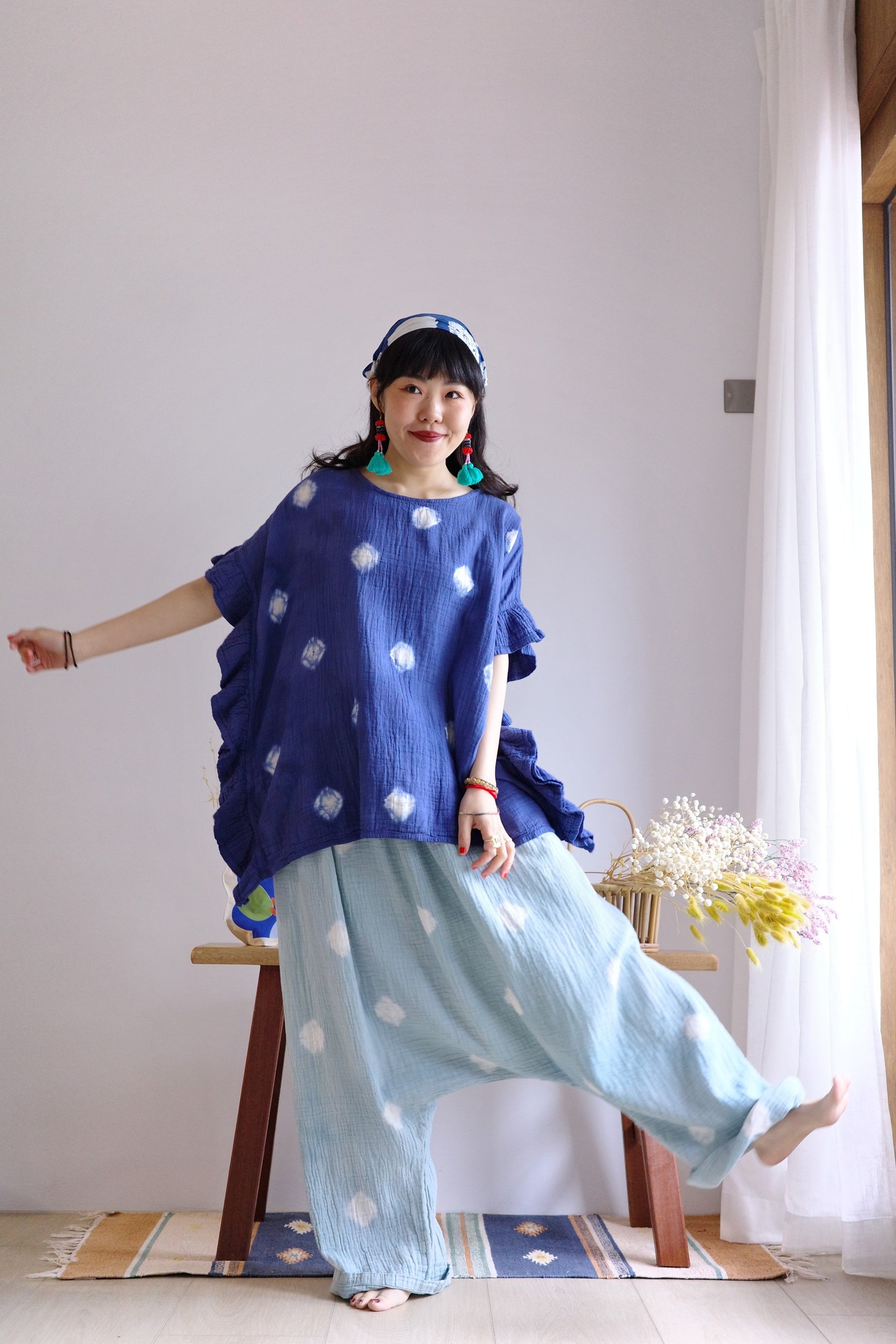 𓏭波點手染二重紗低檔褲