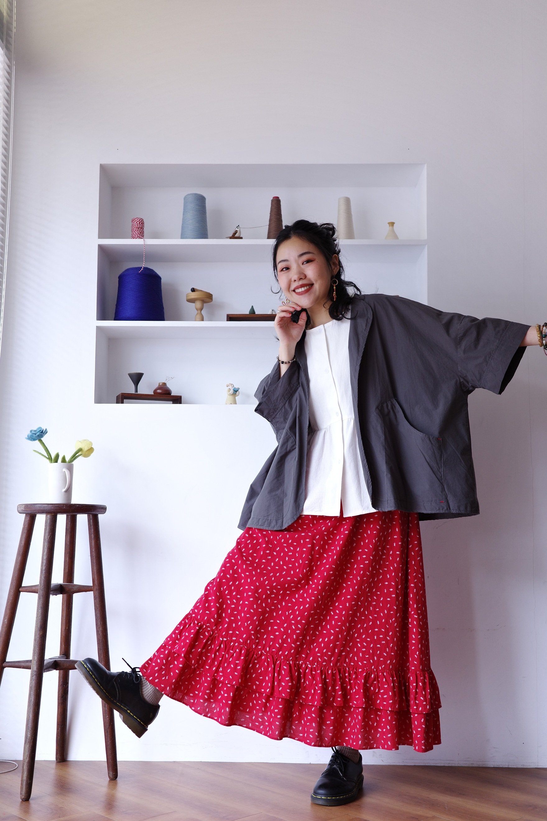 大口袋純色開襟罩衫