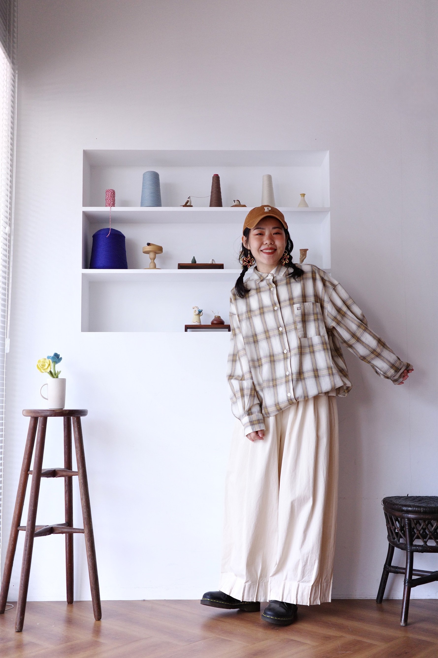 𓏭混織格紋下擺可調鬆身襯衫