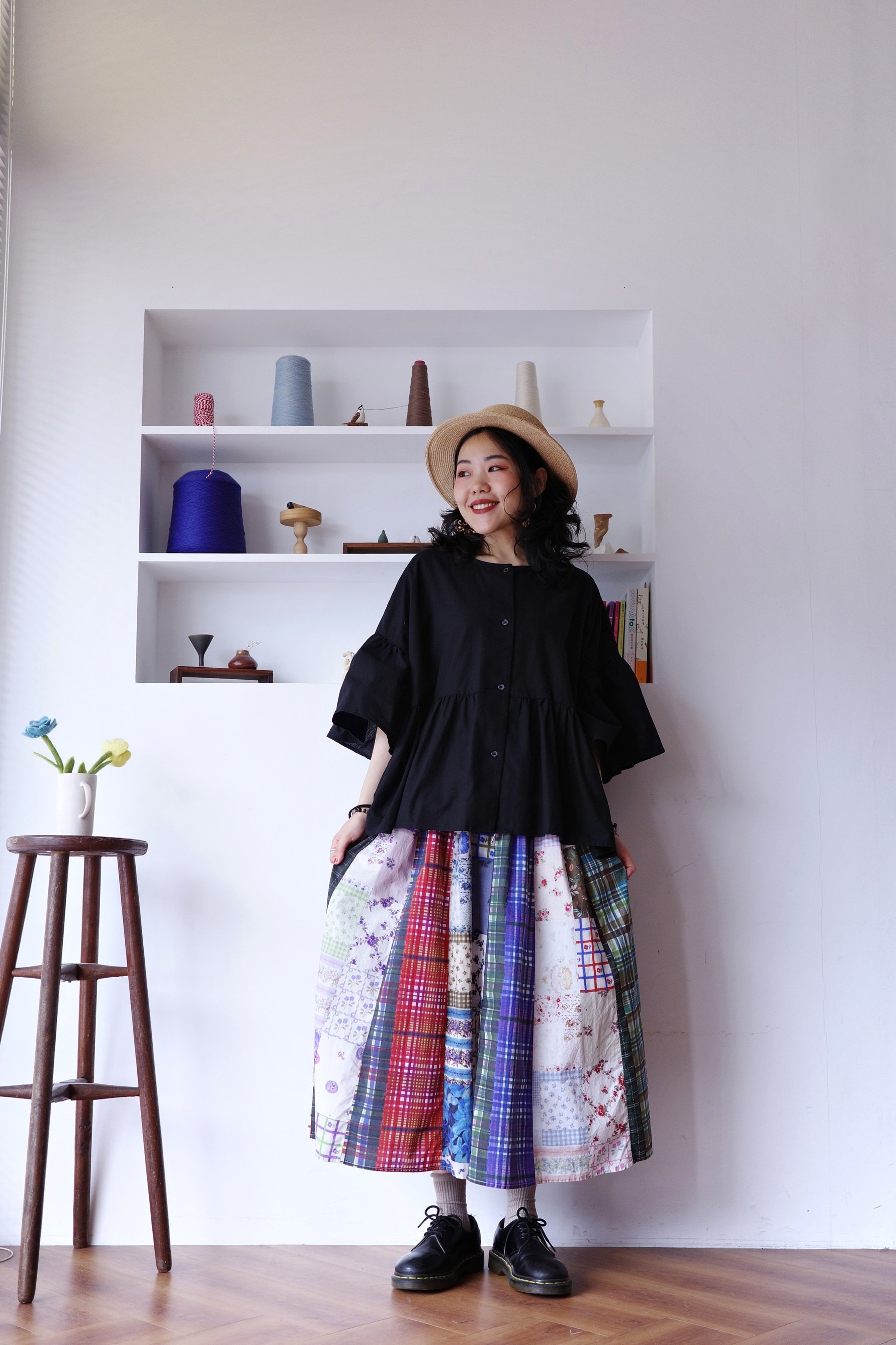 花花格紋拼布半身裙 