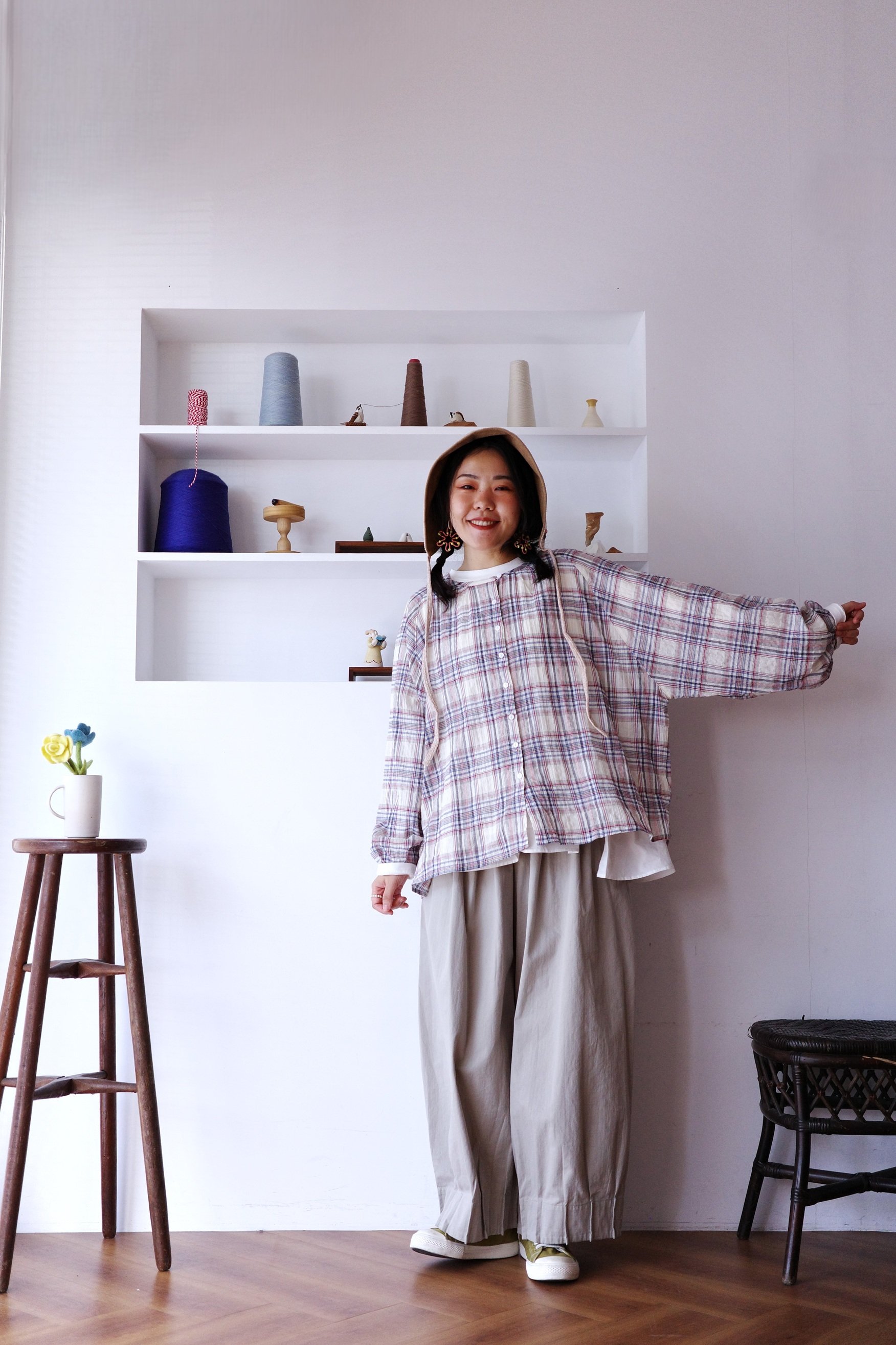 𓏭無領格紋插肩袖襯衫外套 