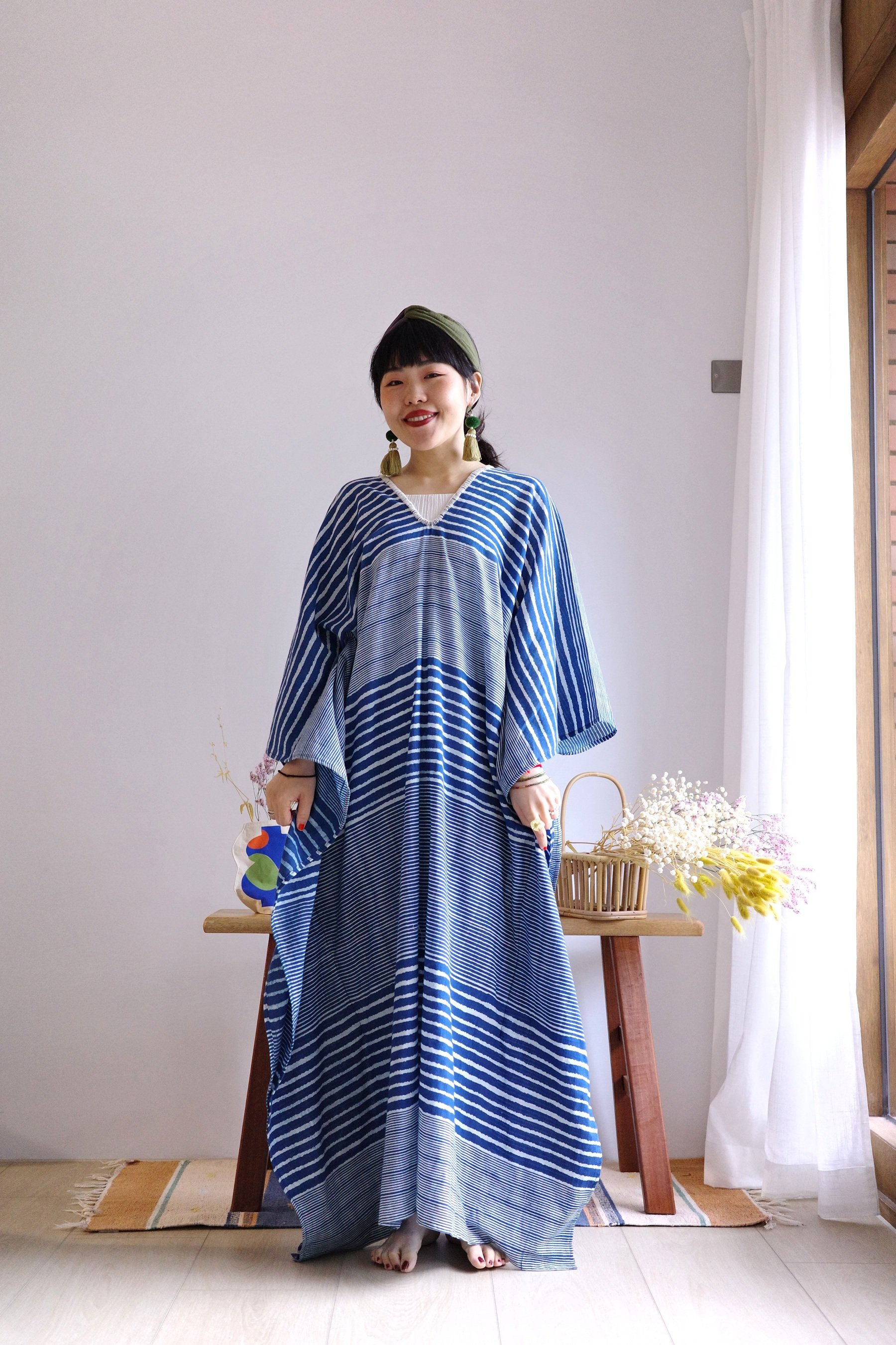 𓏭印度棉木蓋染領口刺繡長洋裝