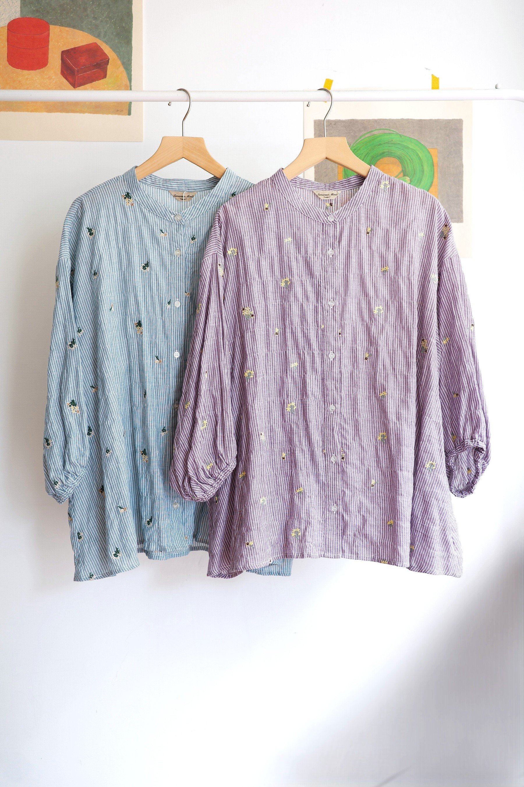 𓏭小花柄刺繡直紋泡泡格襯衫