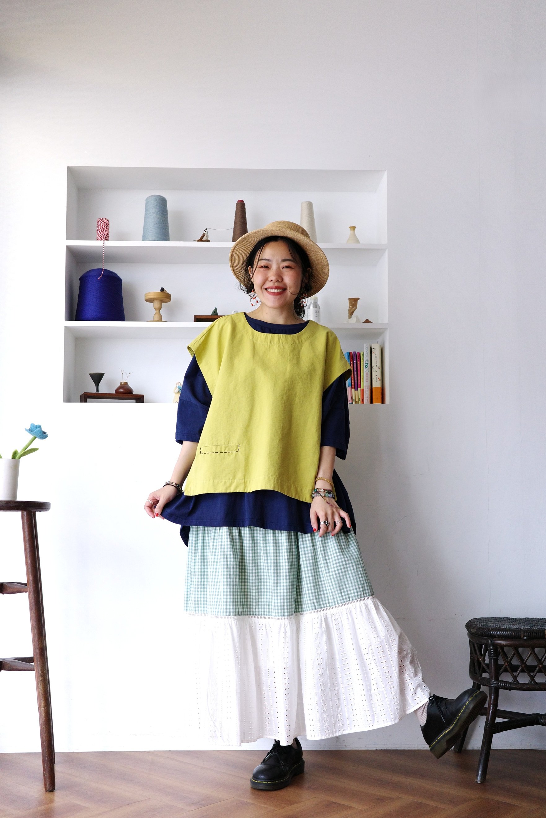 大小格紋蕾絲拼接層次半身裙