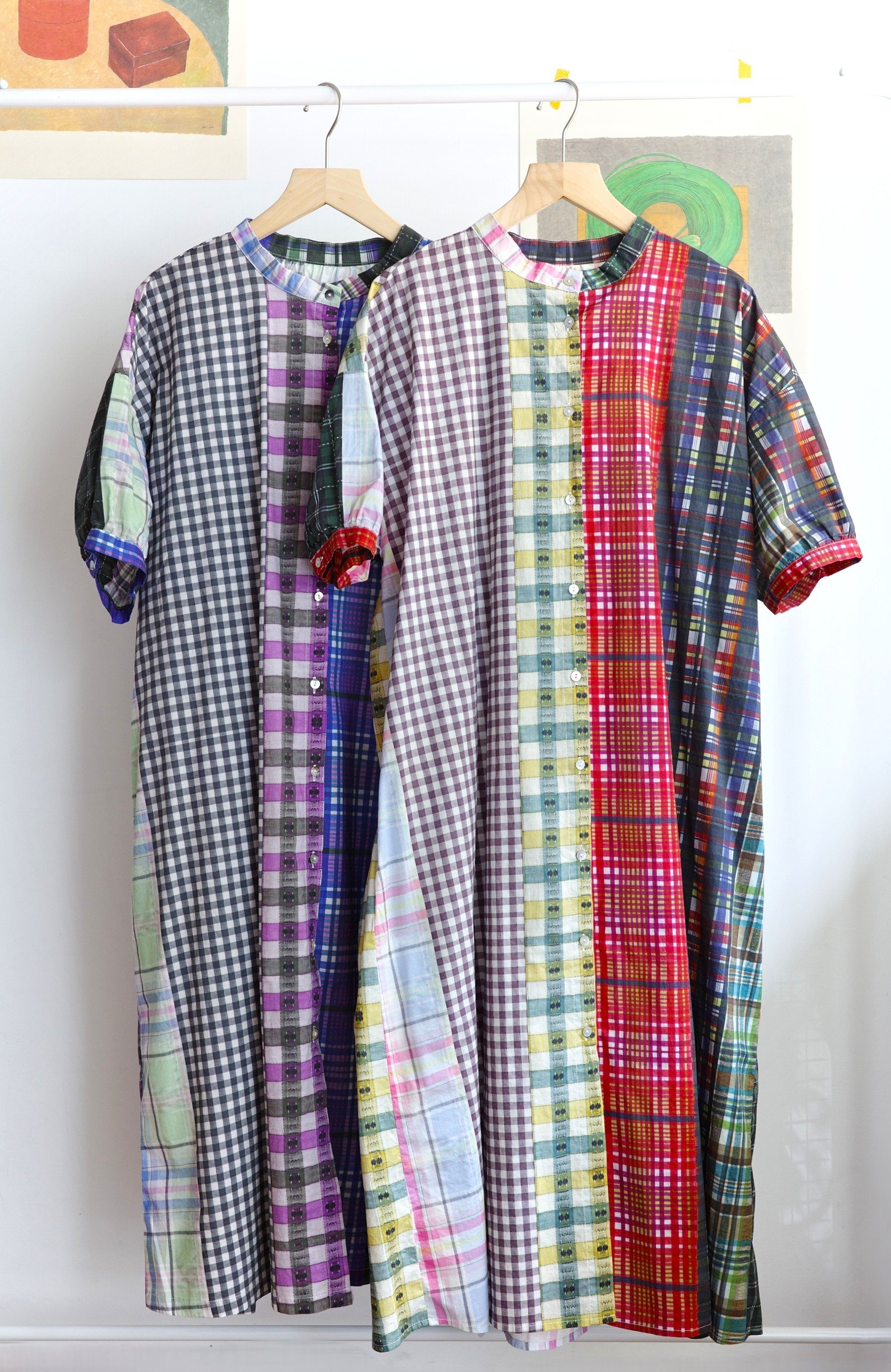 格紋拼布印花開襟洋裝