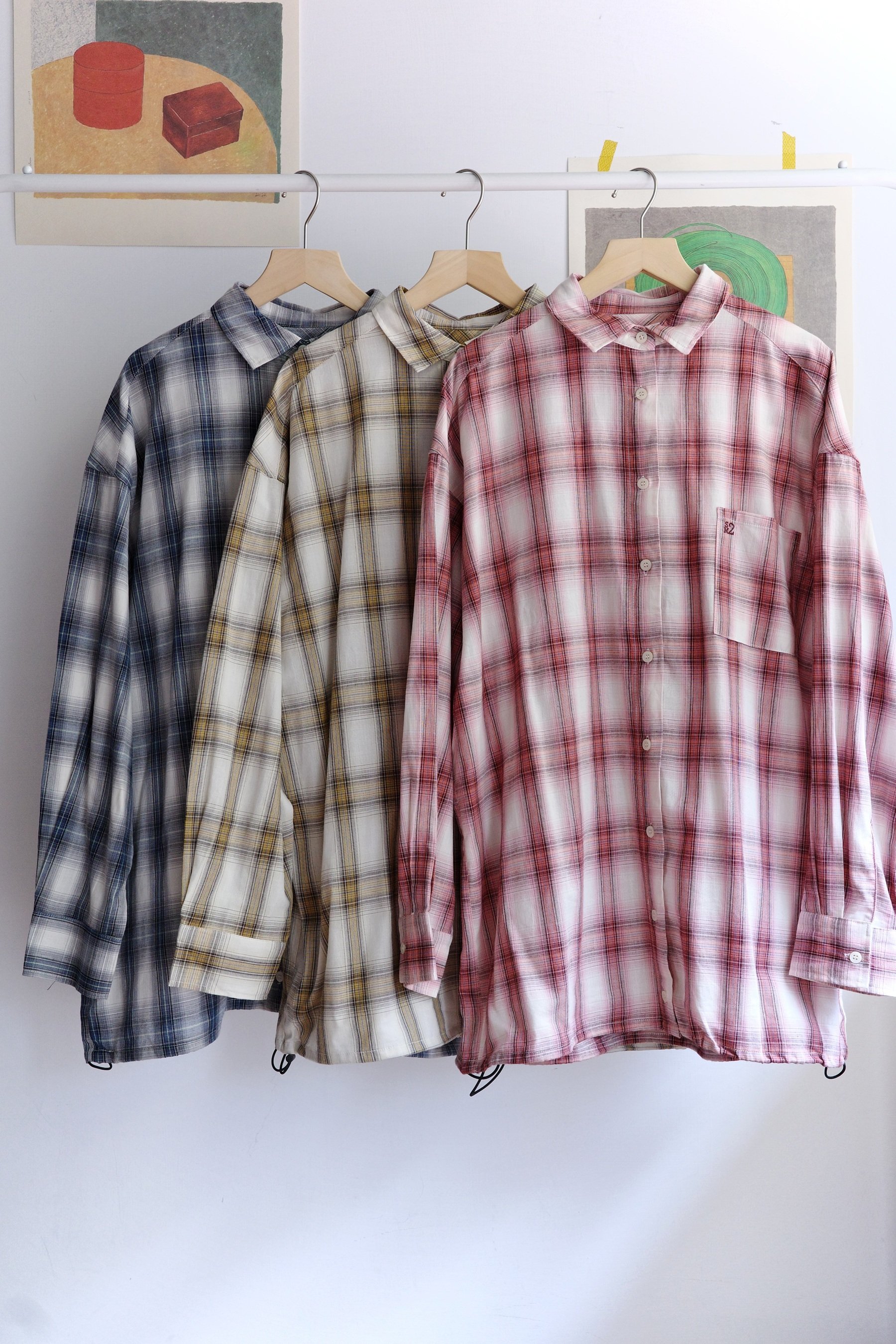 𓏭混織格紋下擺可調鬆身襯衫