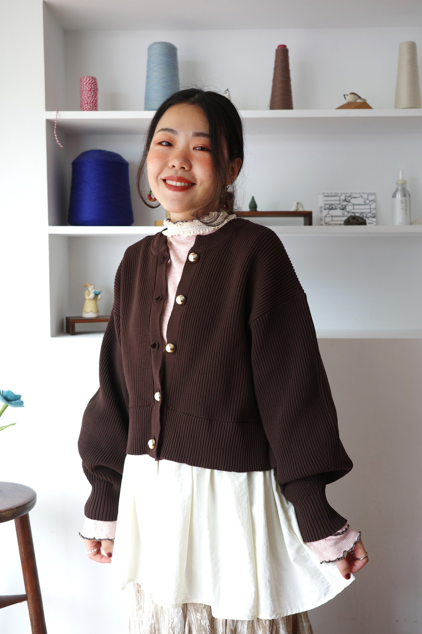 𓏭拼接下擺澎袖針織外罩上衣