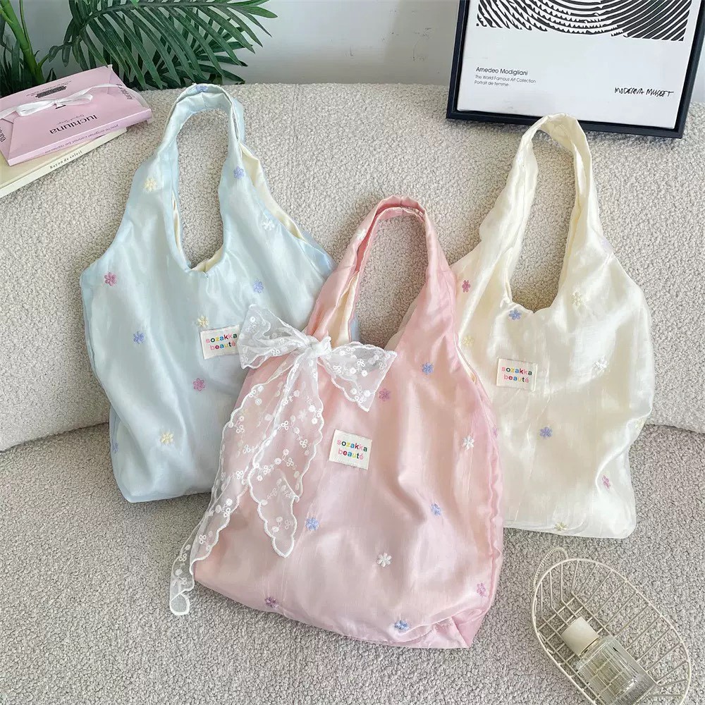 花朵刺繡大容量帆布包手提單肩包｜飄帶加購