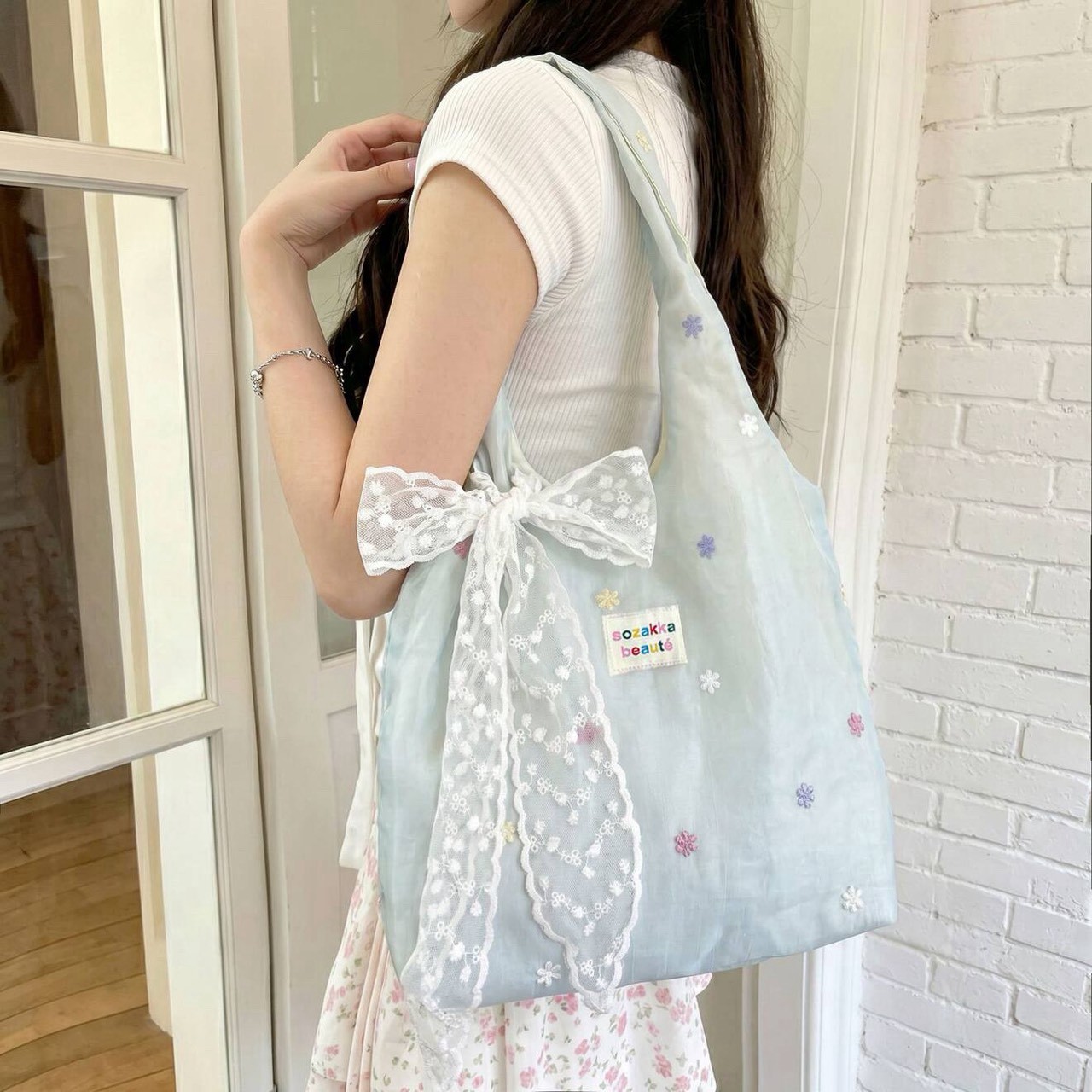 花朵刺繡大容量帆布包手提單肩包｜飄帶加購