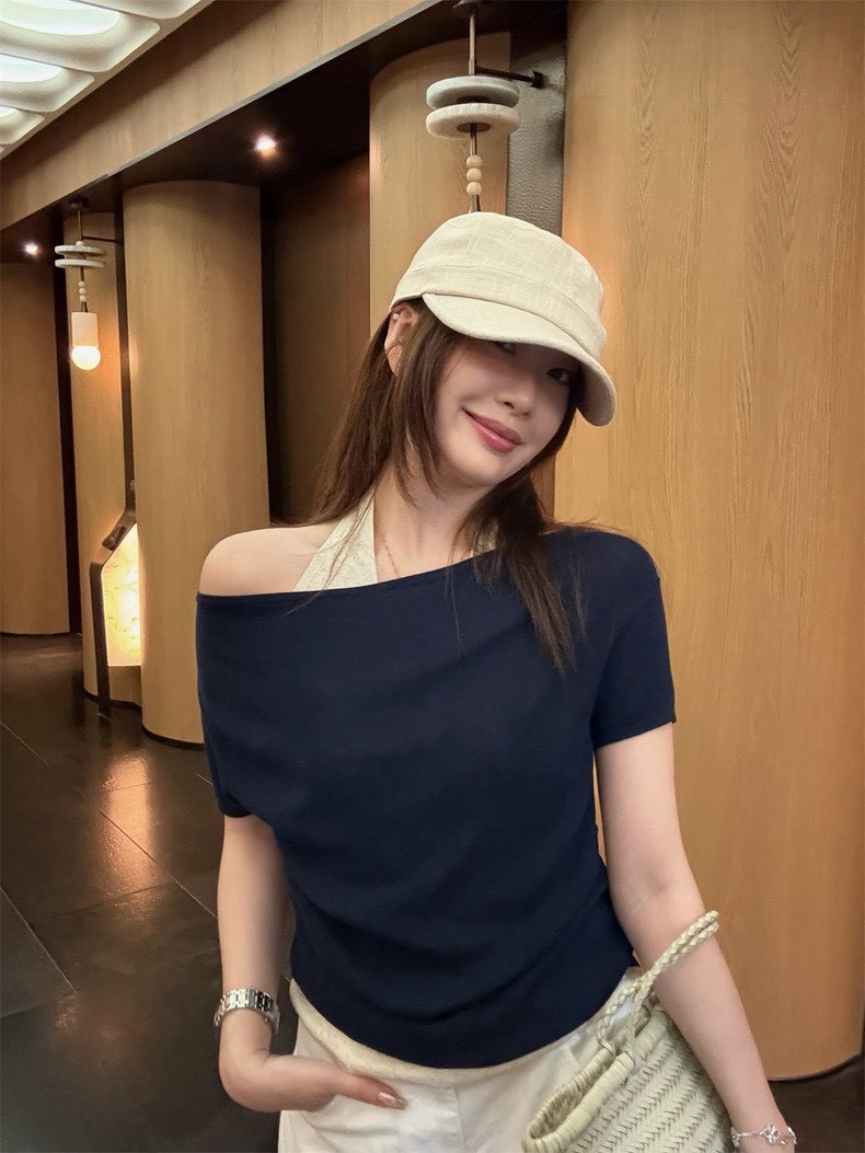 法式掛脖假兩件亞麻混紡衫