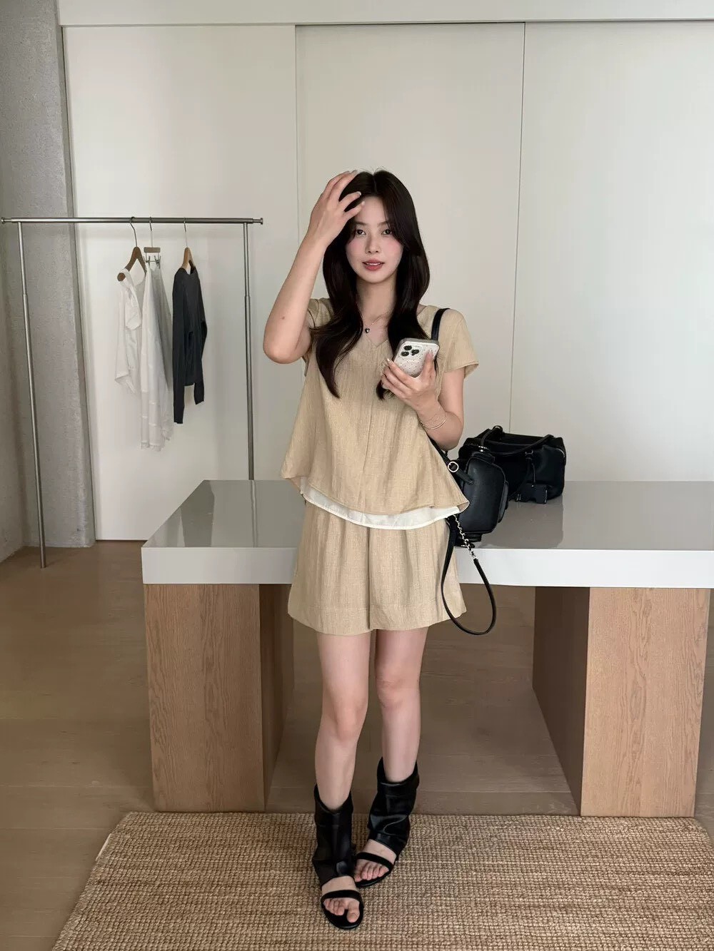亞麻撞色拼接扭結套裝