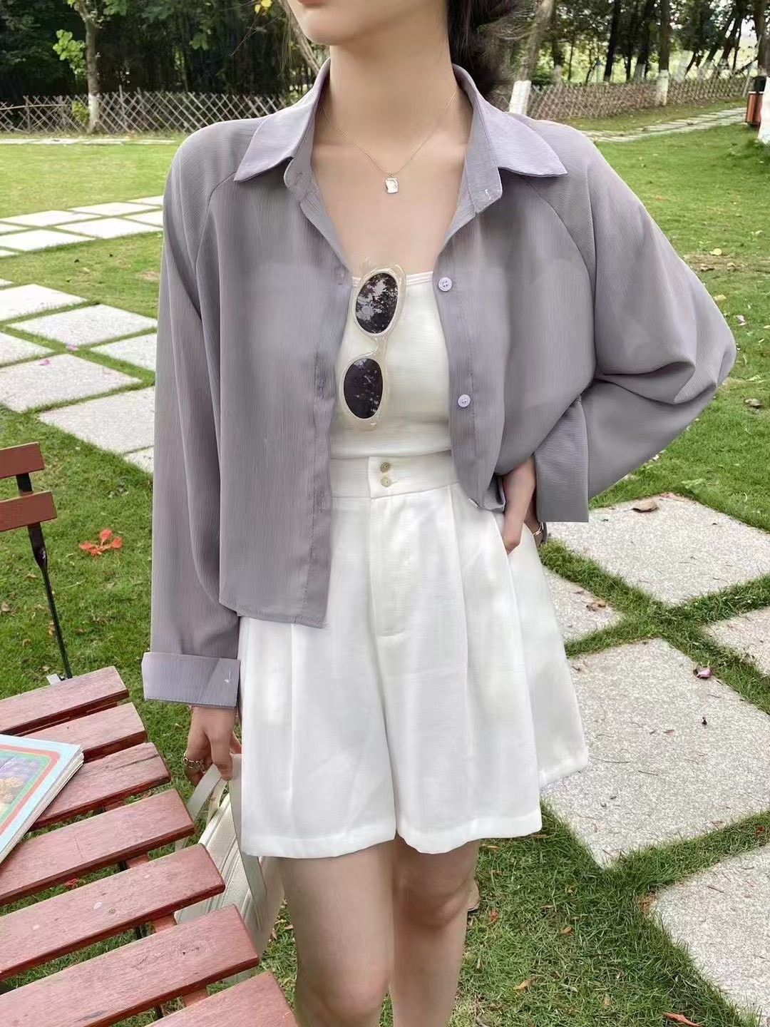 髮絲紋短版襯衫防曬罩衫