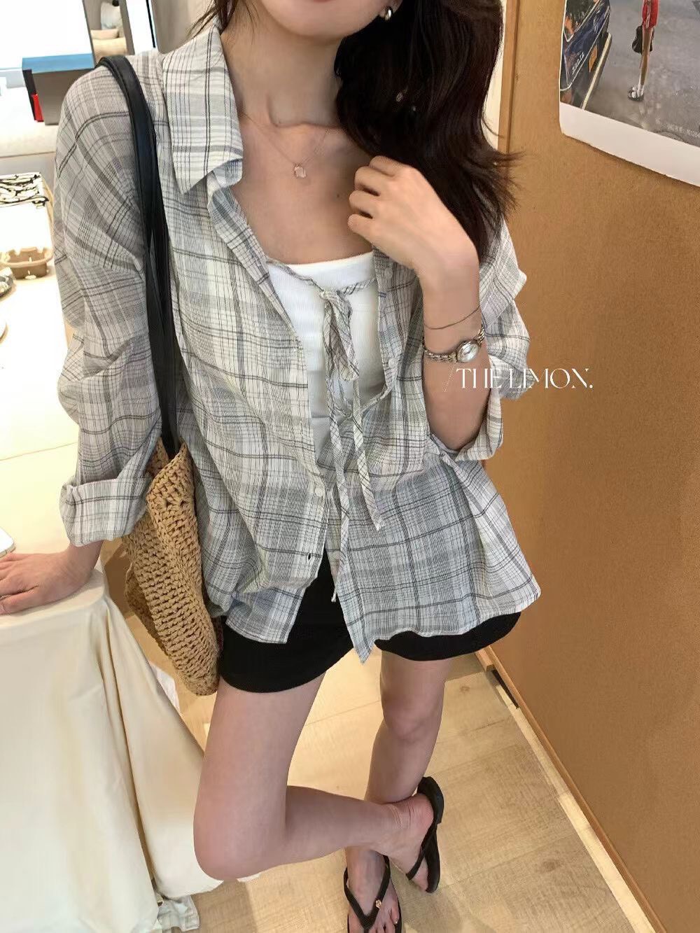 兩穿綁帶造型格紋襯衫罩衫外套