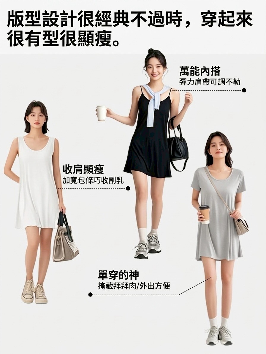 【帶胸墊】極舒服莫代爾居家服睡衣連身裙(吊帶/背心/短袖)
