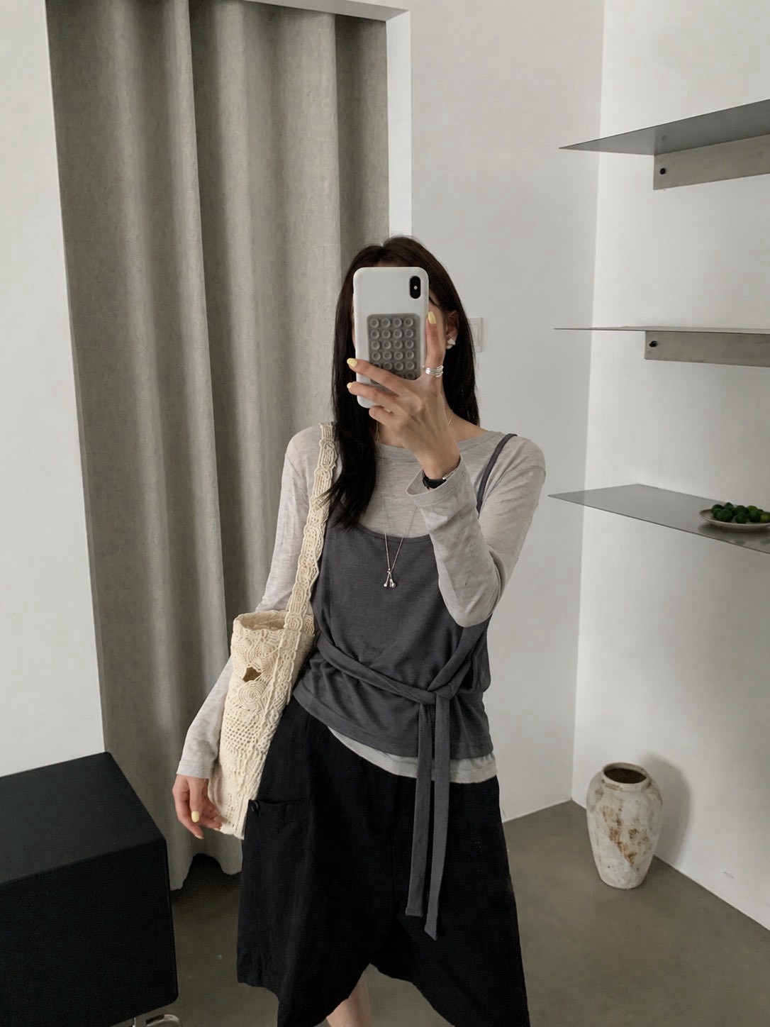 假兩件綁帶長袖上衣