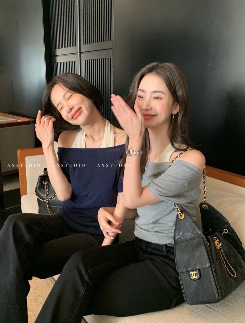 法式掛脖假兩件亞麻混紡衫