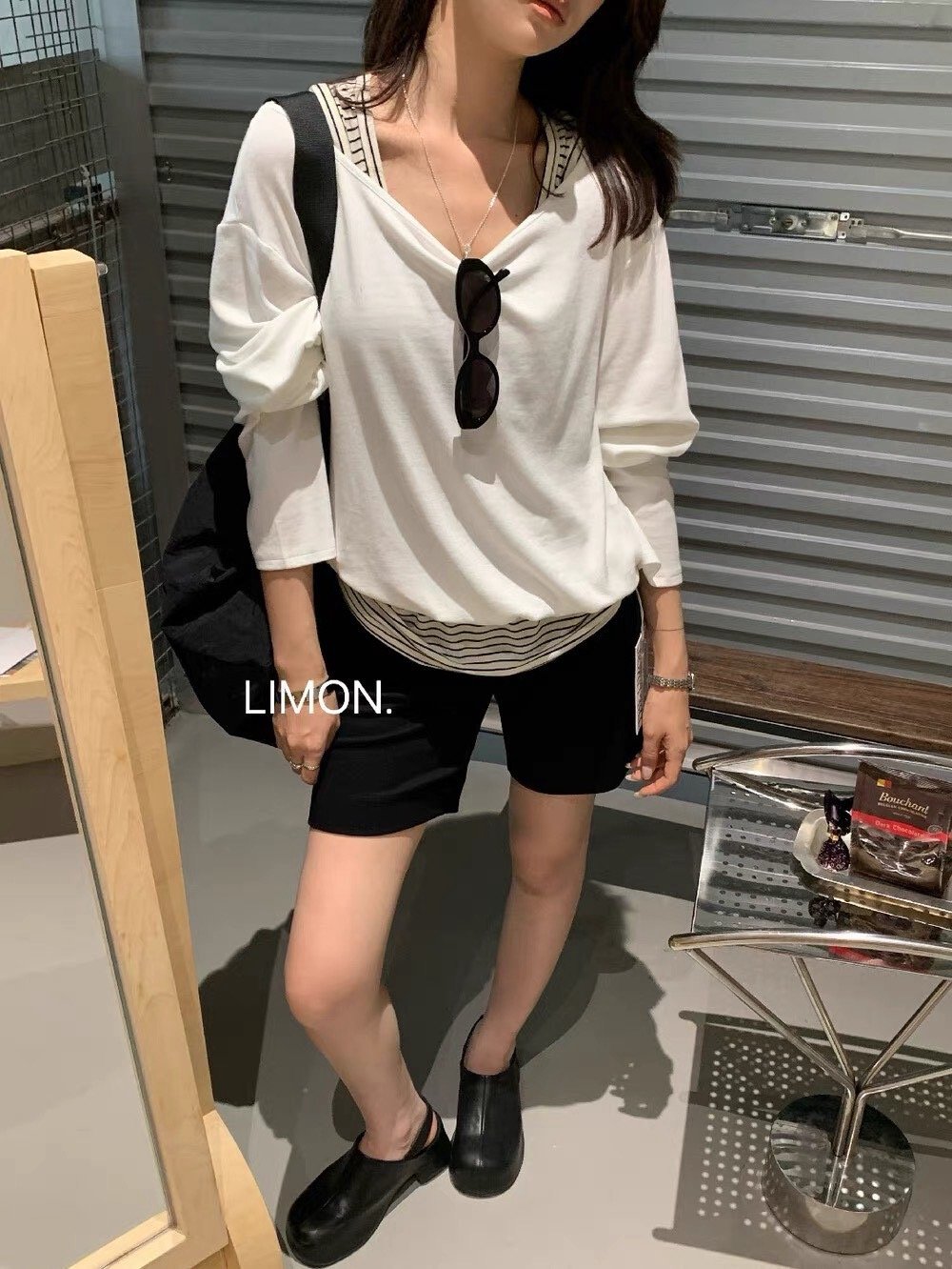 條紋假兩件長袖上衣