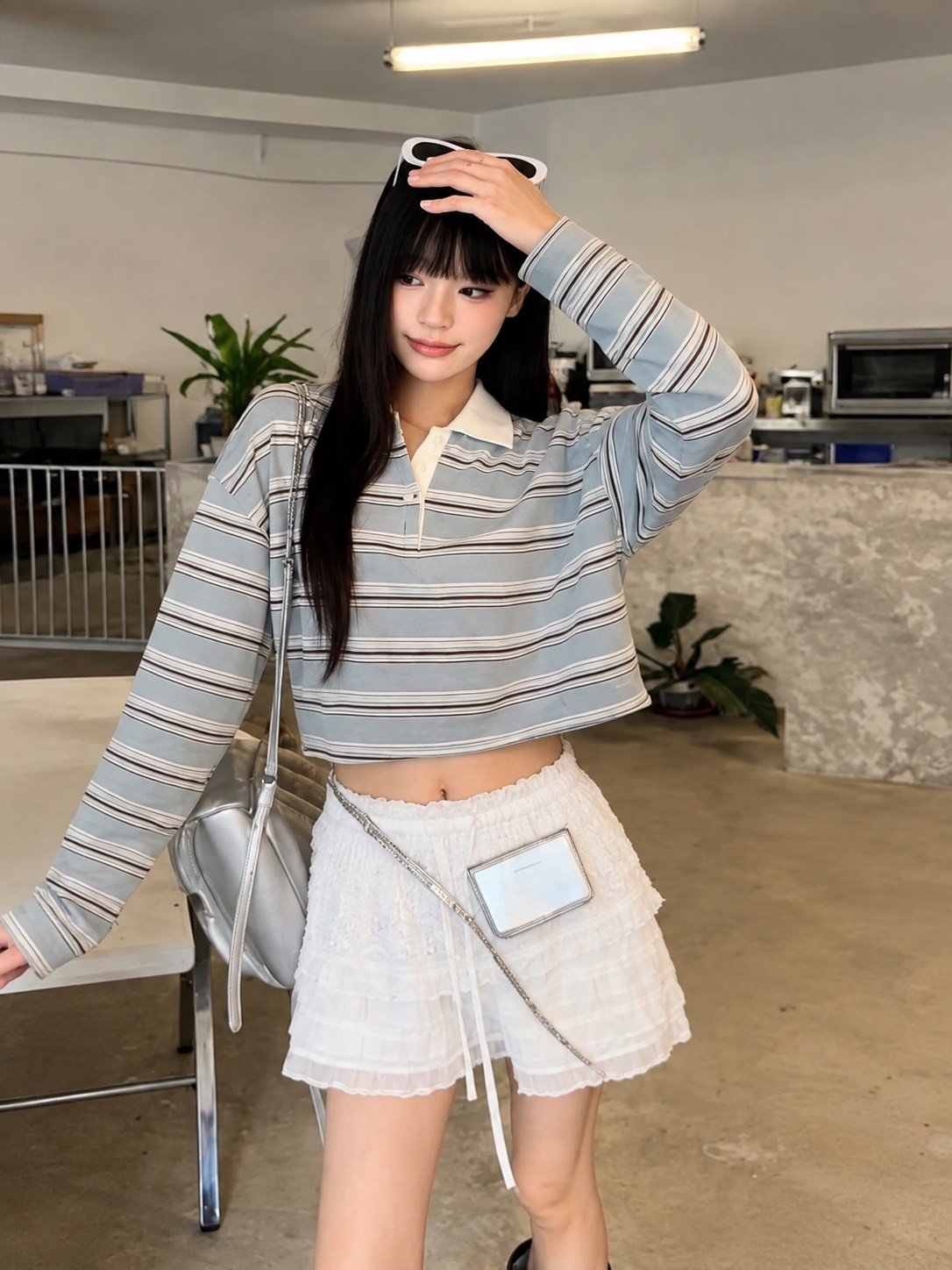 條紋短版Polo長袖上衣