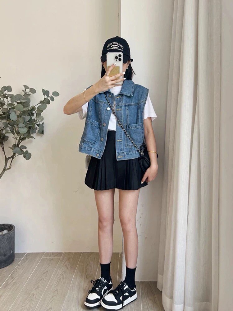 復古水洗牛仔無袖背心