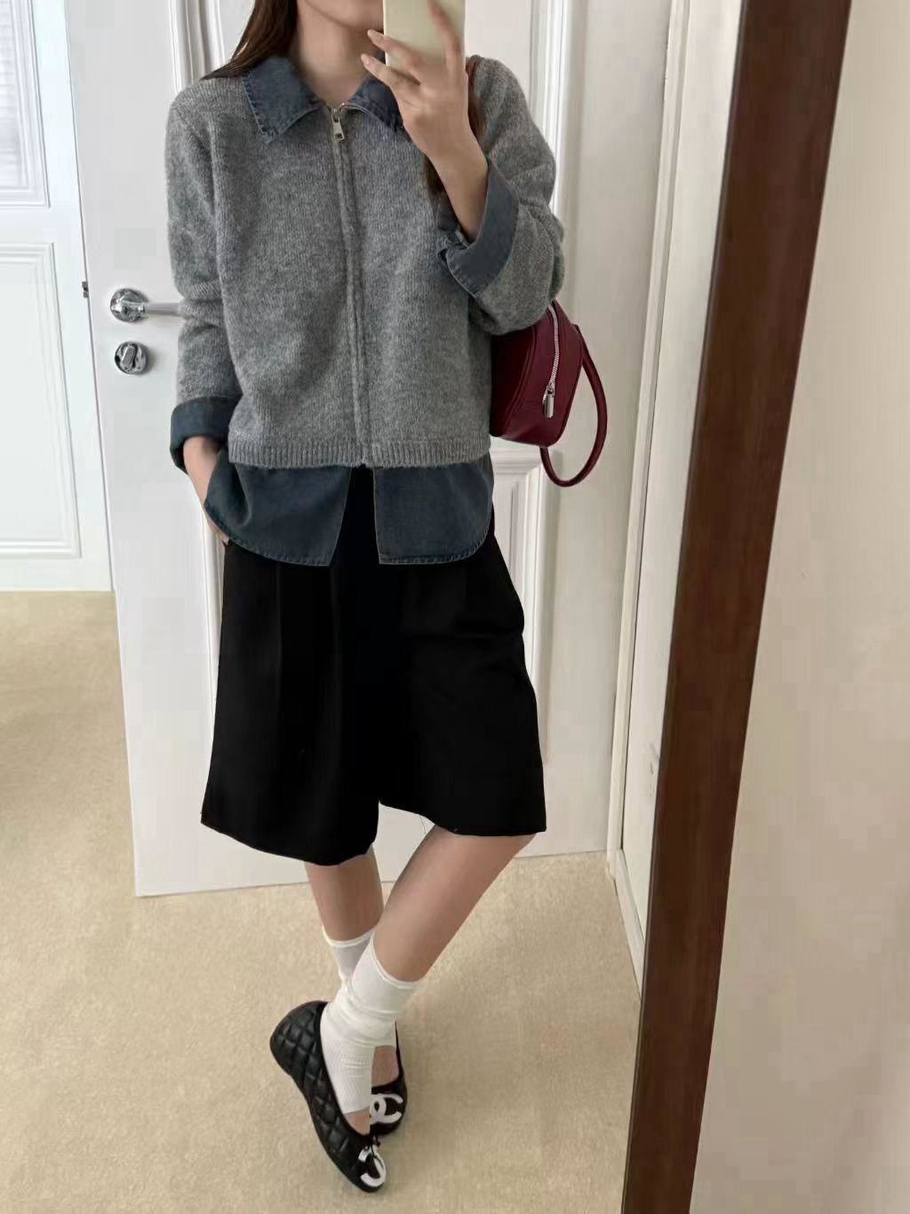 拚接牛仔拉鍊毛衣
