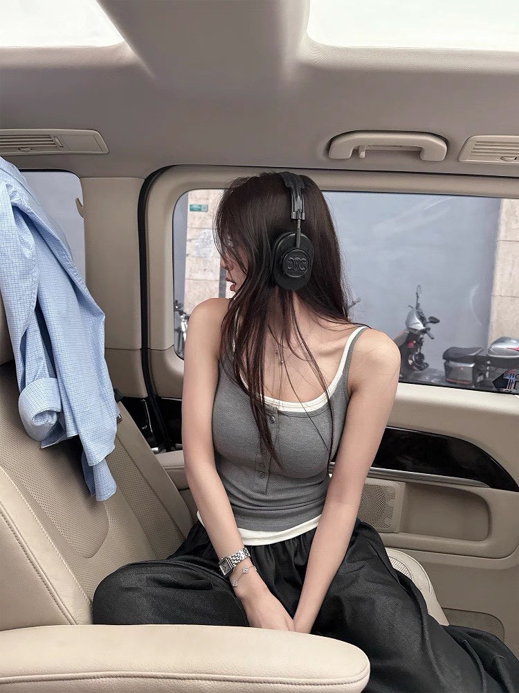 BRATOP-假兩件鈕扣立體胸墊罩杯上衣背心