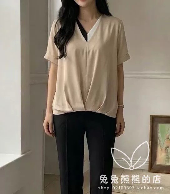 撞色邊V領前短後長雪紡寬鬆短袖上衣