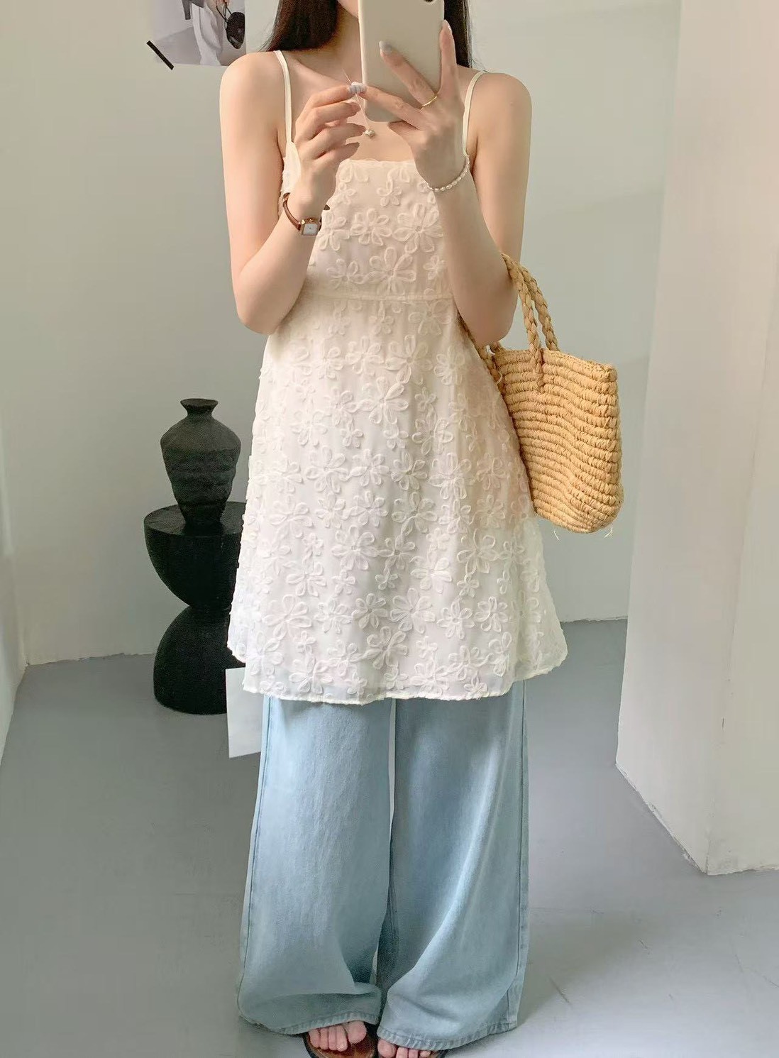 立體網紗花朵短洋裝吊帶裙