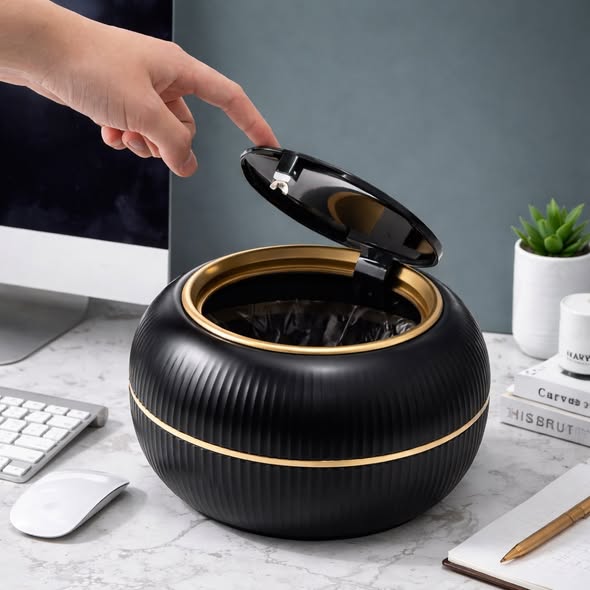 輕奢金邊桌面按壓垃圾桶