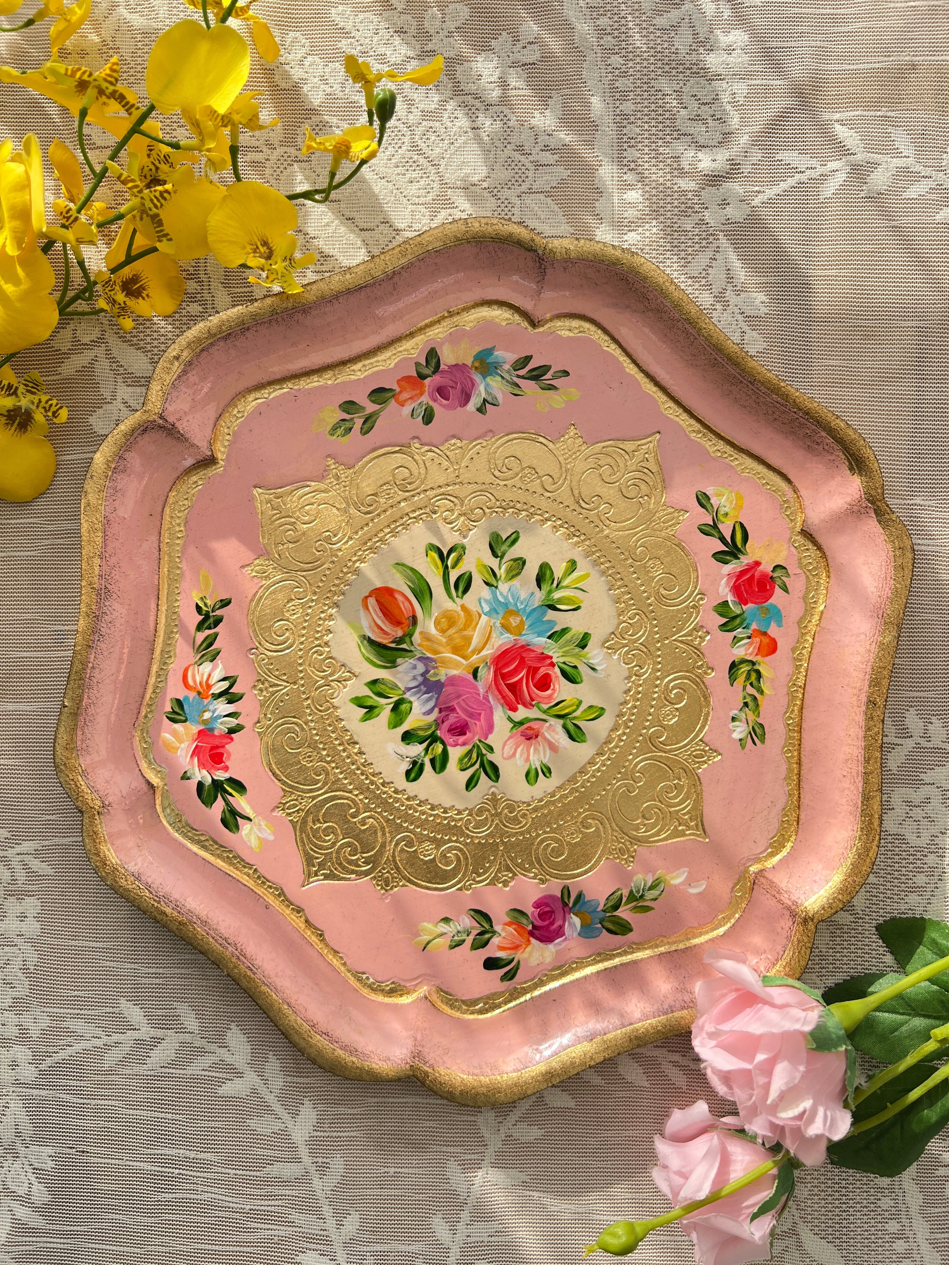 義大利佛羅倫斯手工五叢花六角茶盤