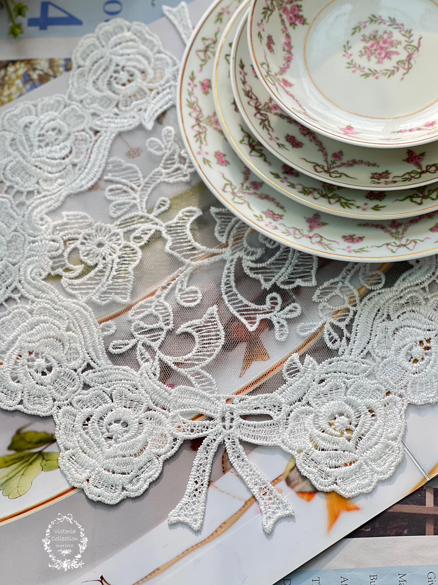 法式雅致玫瑰蝴蝶結蕾絲墊