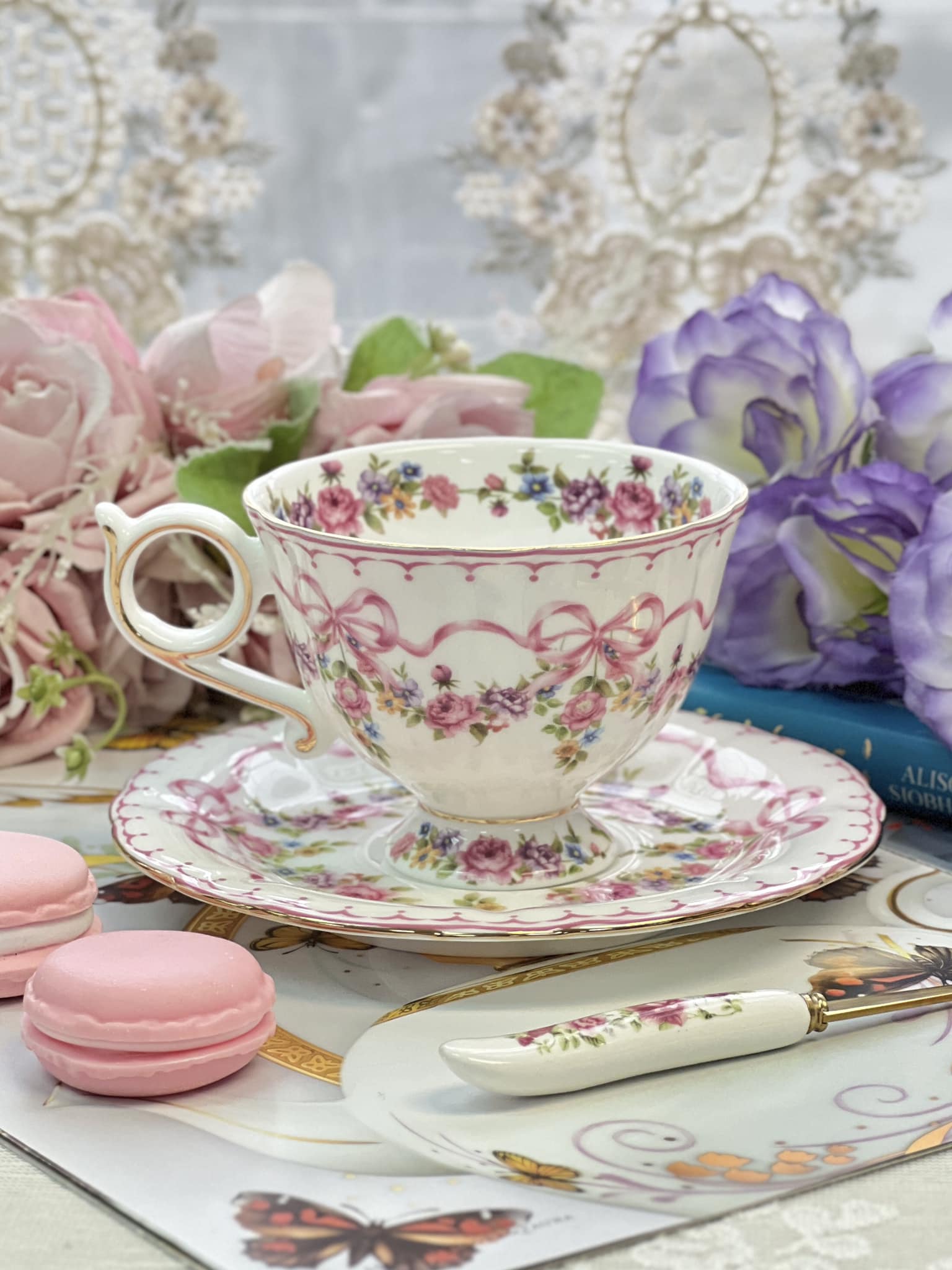 蝴蝶結緞帶花卉杯盤套組